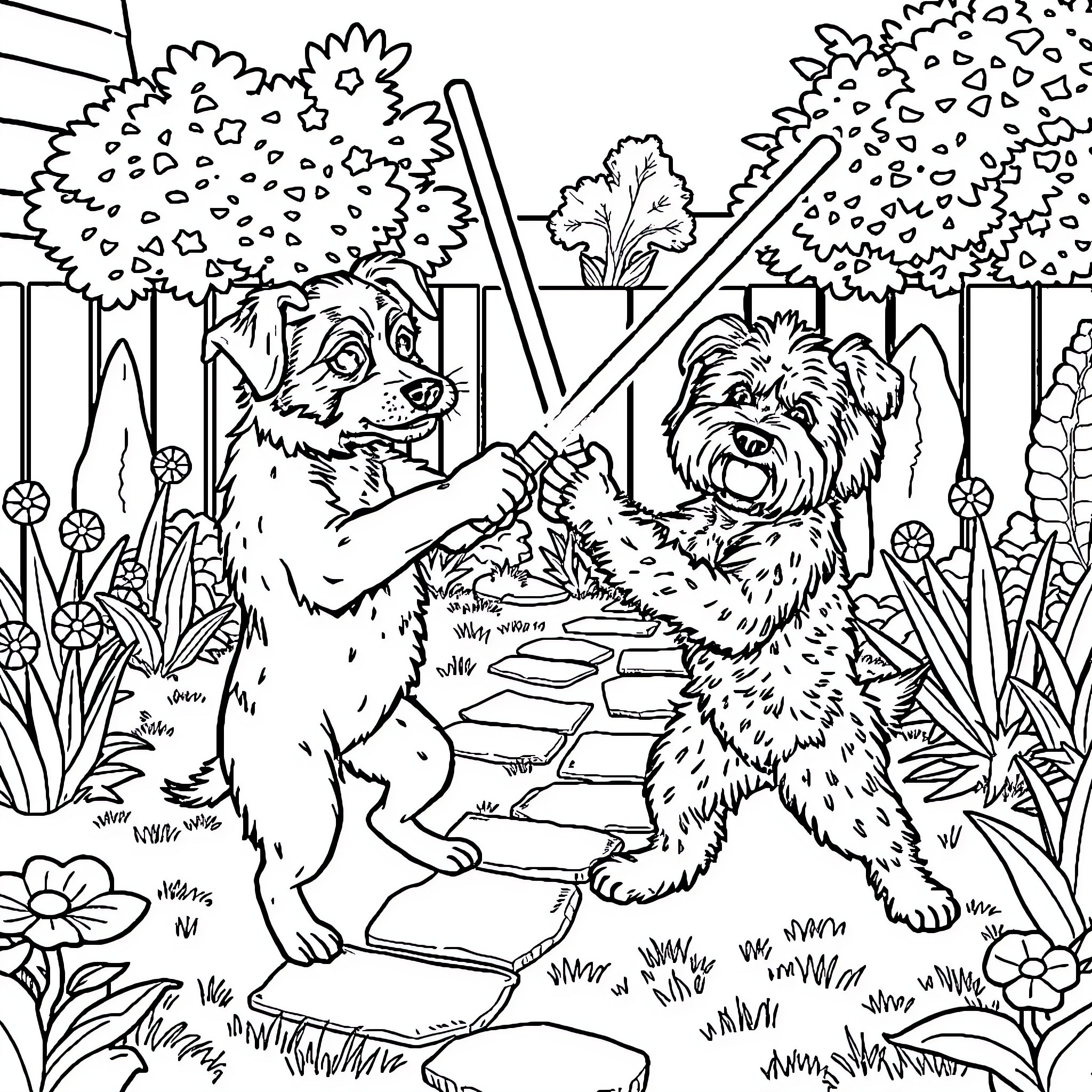 Dog friends playing together in the garden Coloring Page (free black-and-white line drawing printable PDF for all, from beginners to advanced learners, including children, teens, adults, and seniors)