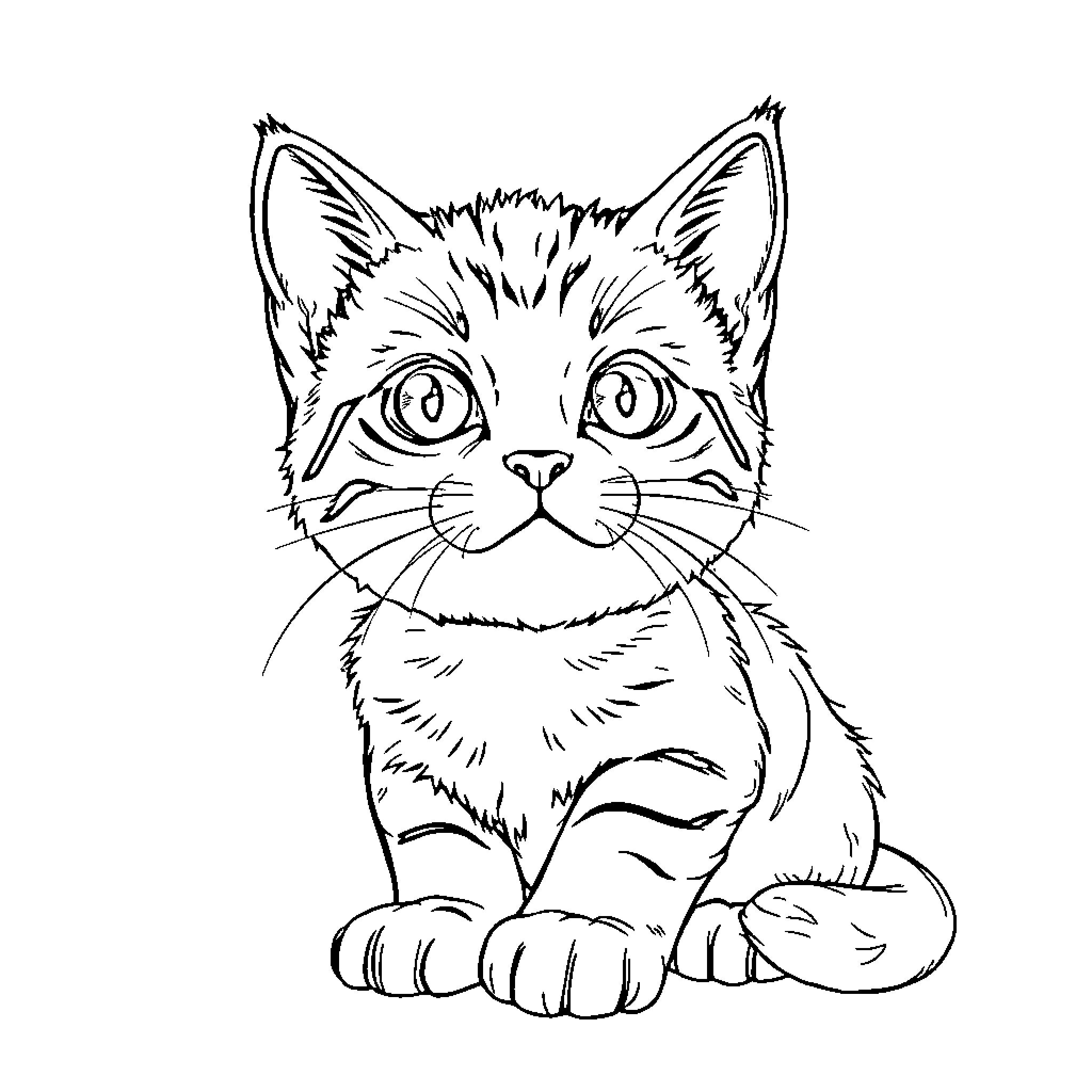 Baby Cat looking curious and alert Coloring Page (free black-and-white line drawing printable PDF for all, from beginners to advanced learners, including children, teens, adults, and seniors)