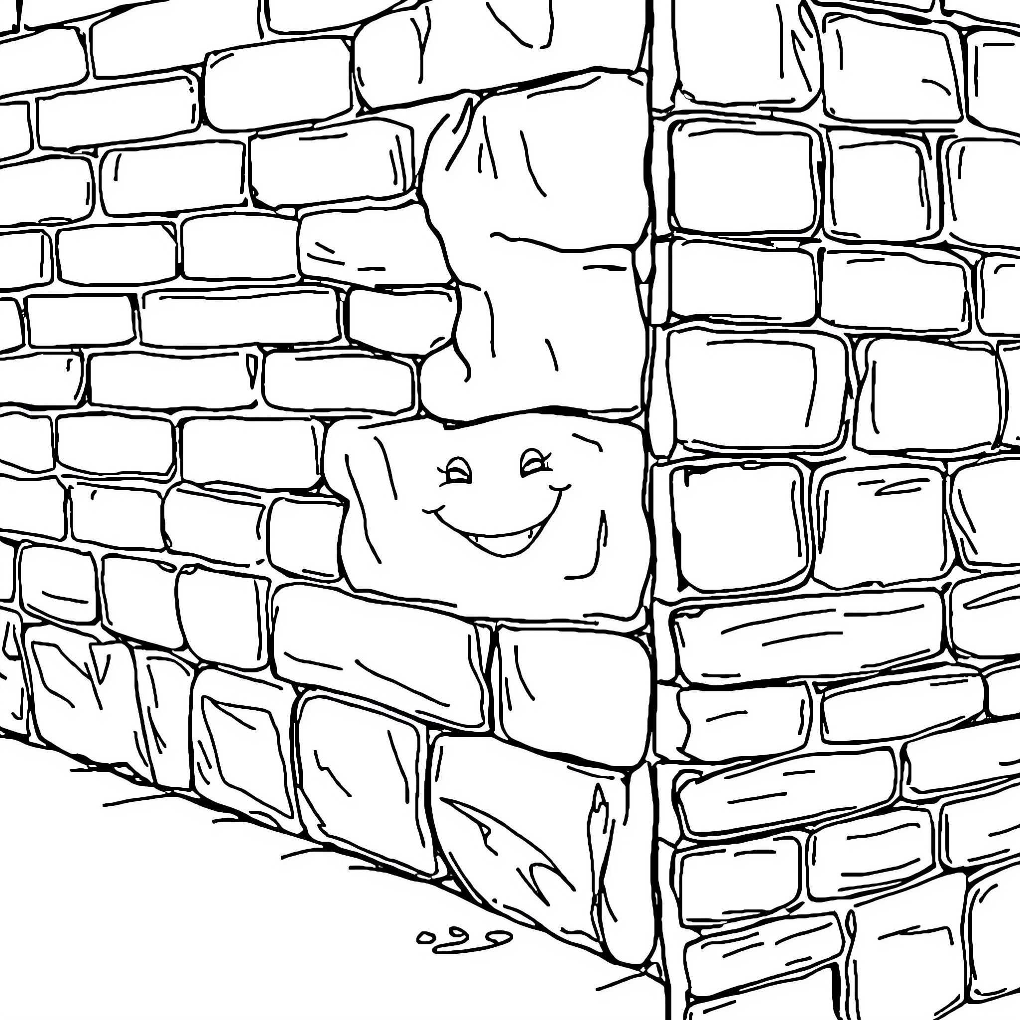 Smurf peeking happily through a brick wall Coloring Page (free black-and-white line drawing printable PDF for all, from beginners to advanced learners, including children, teens, adults, and seniors)