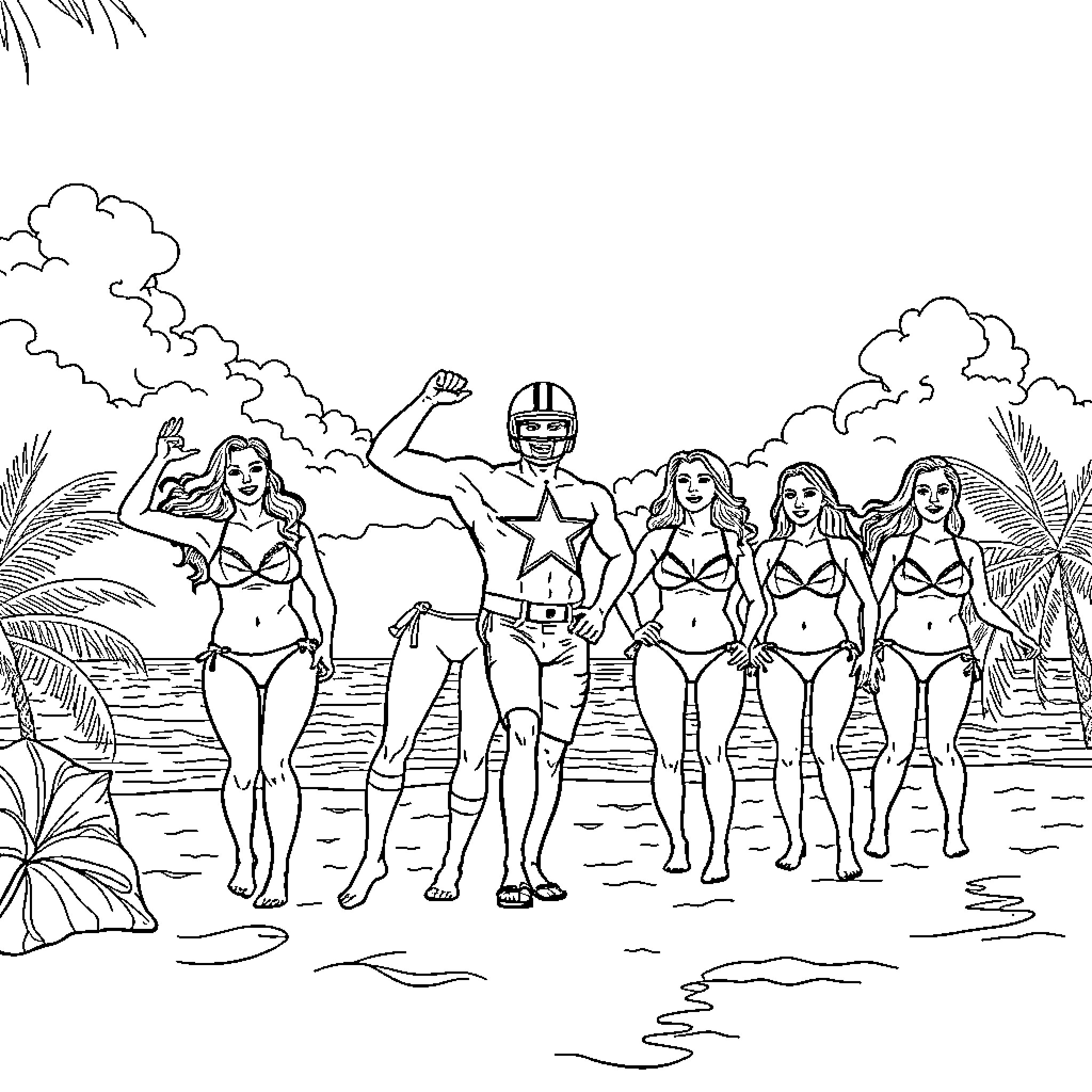 Dallas Cowboys football team on tropical beach Coloring Page (free black-and-white line drawing printable PDF for all, from beginners to advanced learners, including children, teens, adults, and seniors)