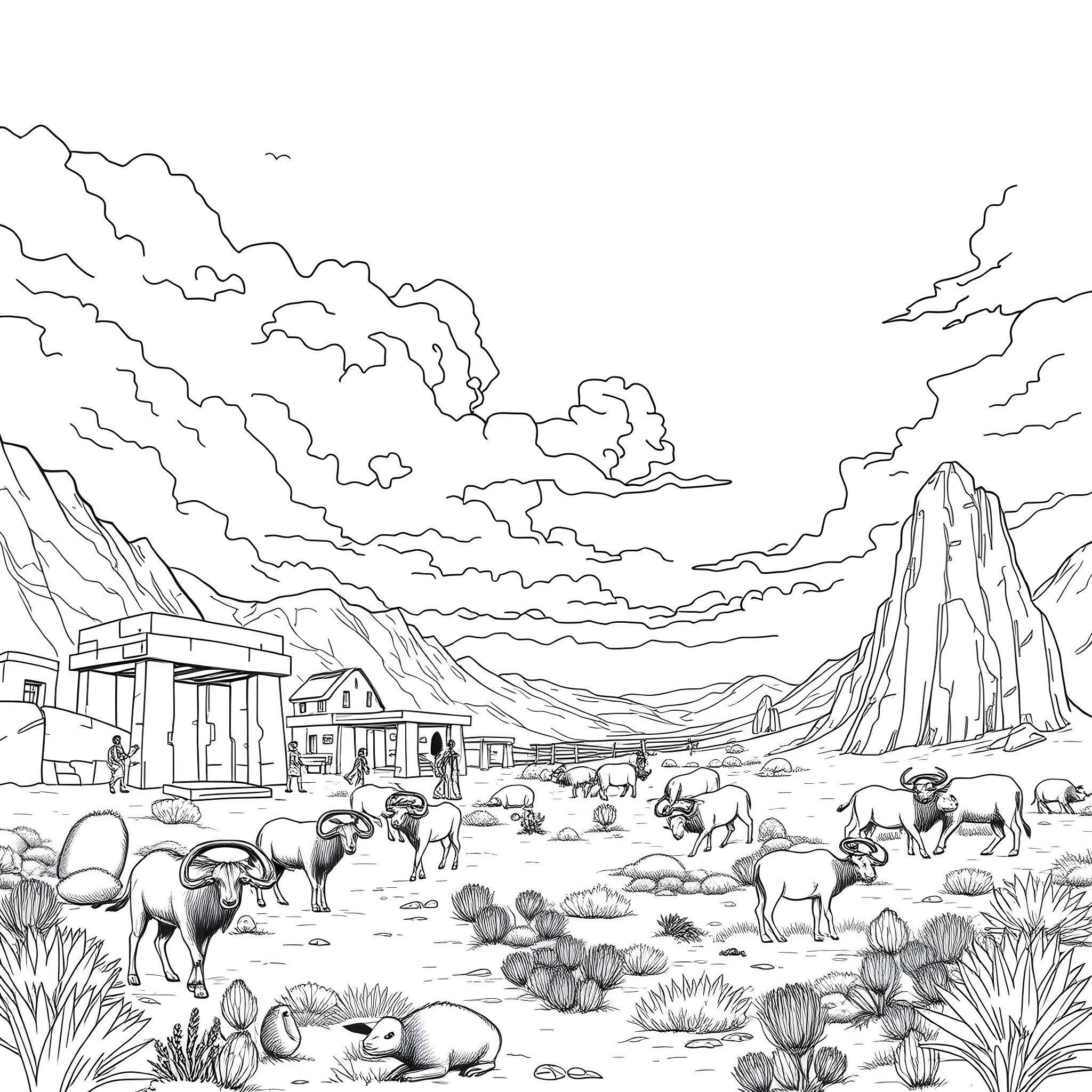 Character in a desert landscape with mountain scenery and grazing animals Coloring Page (free black-and-white line drawing printable PDF for all, from beginners to advanced learners, including children, teens, adults, and seniors)