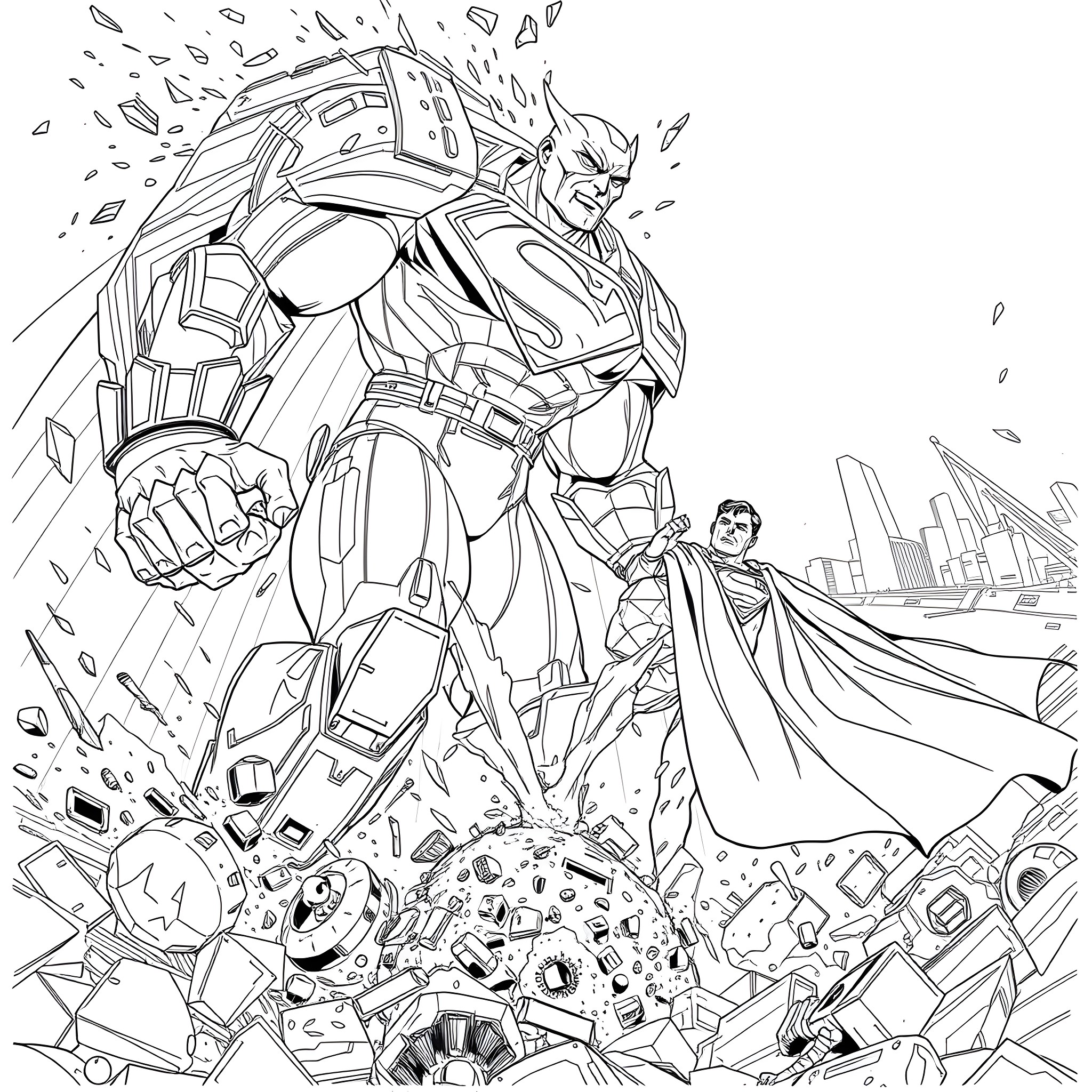 Superman breaking through debris and obstacles Coloring Page (free black-and-white line drawing printable PDF for all, from beginners to advanced learners, including children, teens, adults, and seniors)
