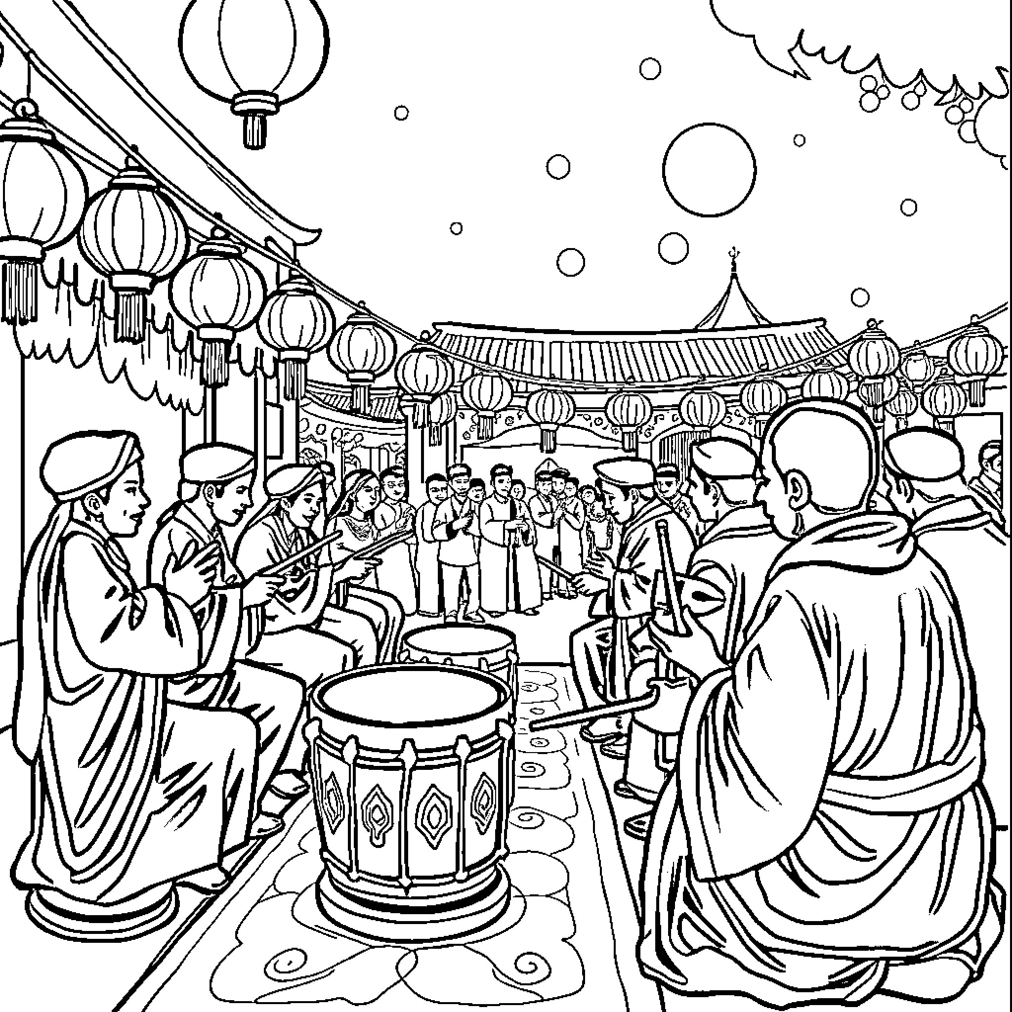 Tung Celebrating Lunar New Year Festivities Coloring Page (free black-and-white line drawing printable PDF for all, from beginners to advanced learners, including children, teens, adults, and seniors)