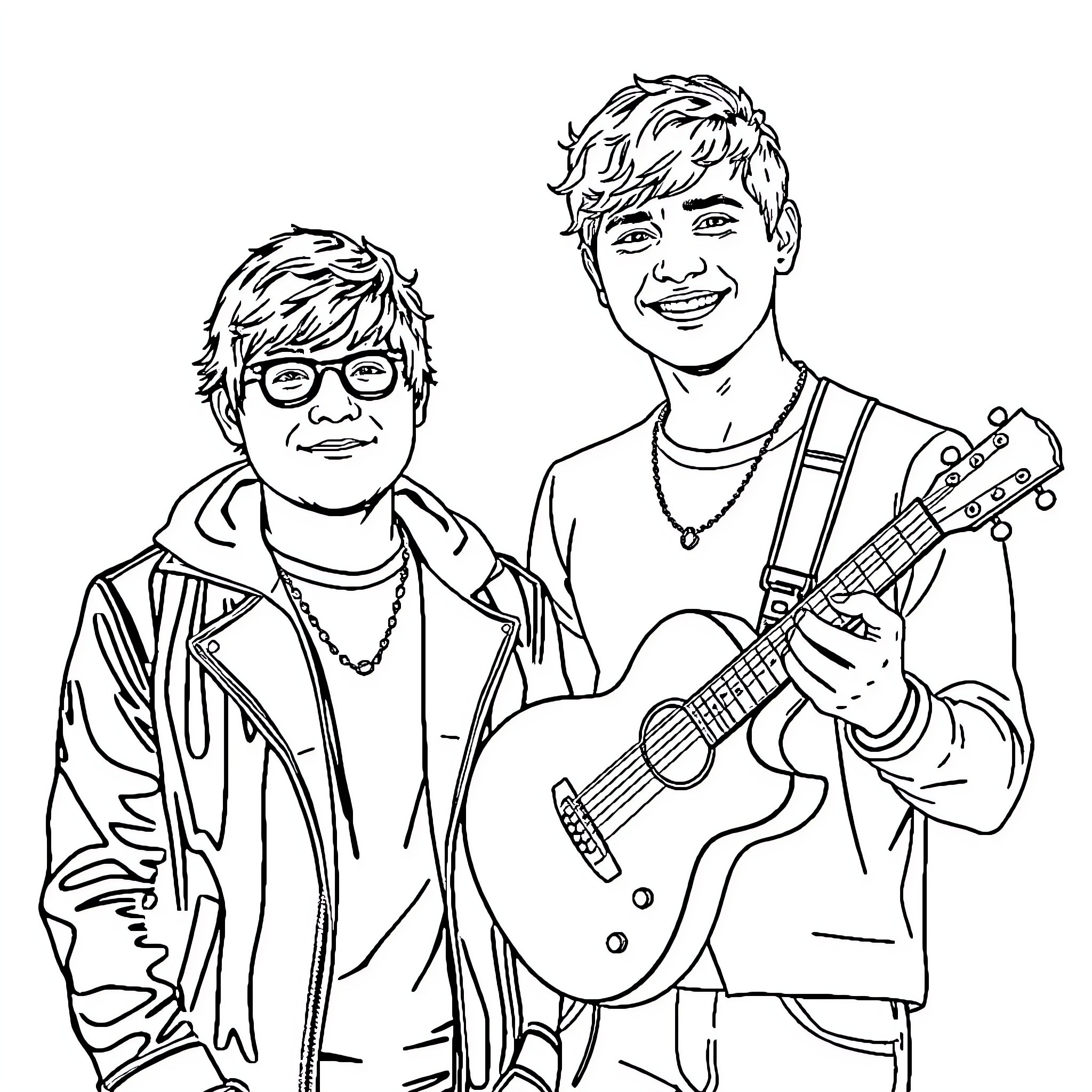 Ed Sheeran and friend playing guitar together Coloring Page (free black-and-white line drawing printable PDF for all, from beginners to advanced learners, including children, teens, adults, and seniors)