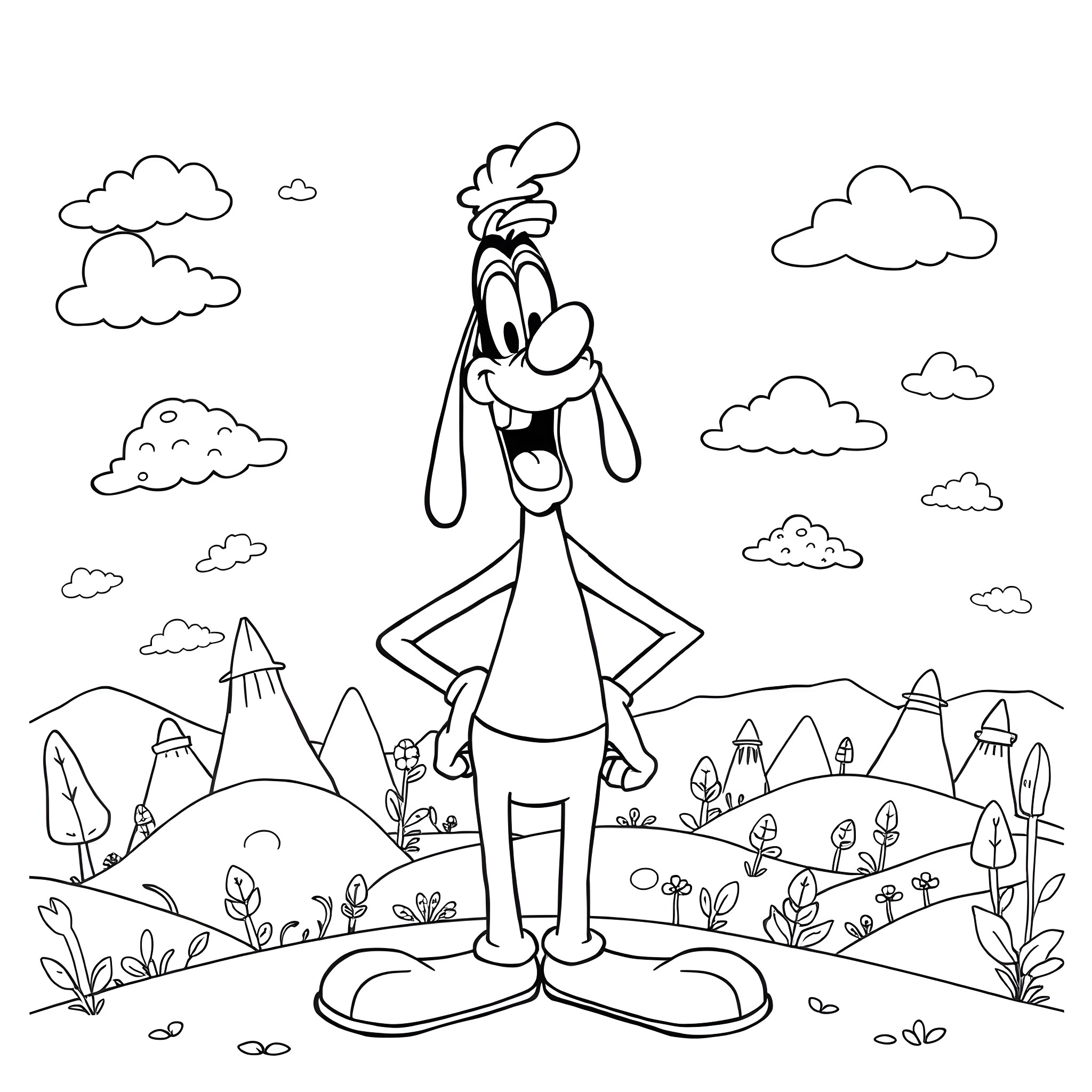 Goofy character standing in a whimsical landscape Coloring Page (free black-and-white line drawing printable PDF for all, from beginners to advanced learners, including children, teens, adults, and seniors)