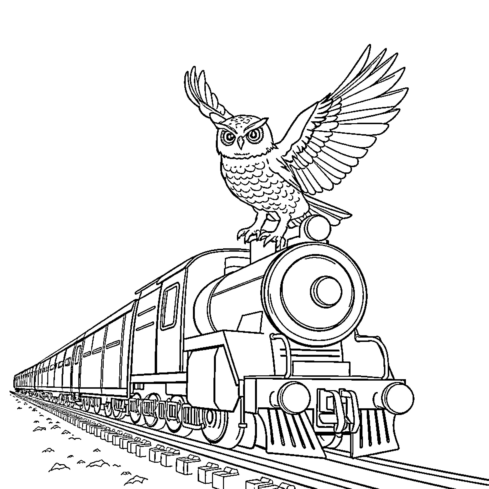 Owl perched atop a moving train Coloring Page (free black-and-white line drawing printable PDF for all, from beginners to advanced learners, including children, teens, adults, and seniors)