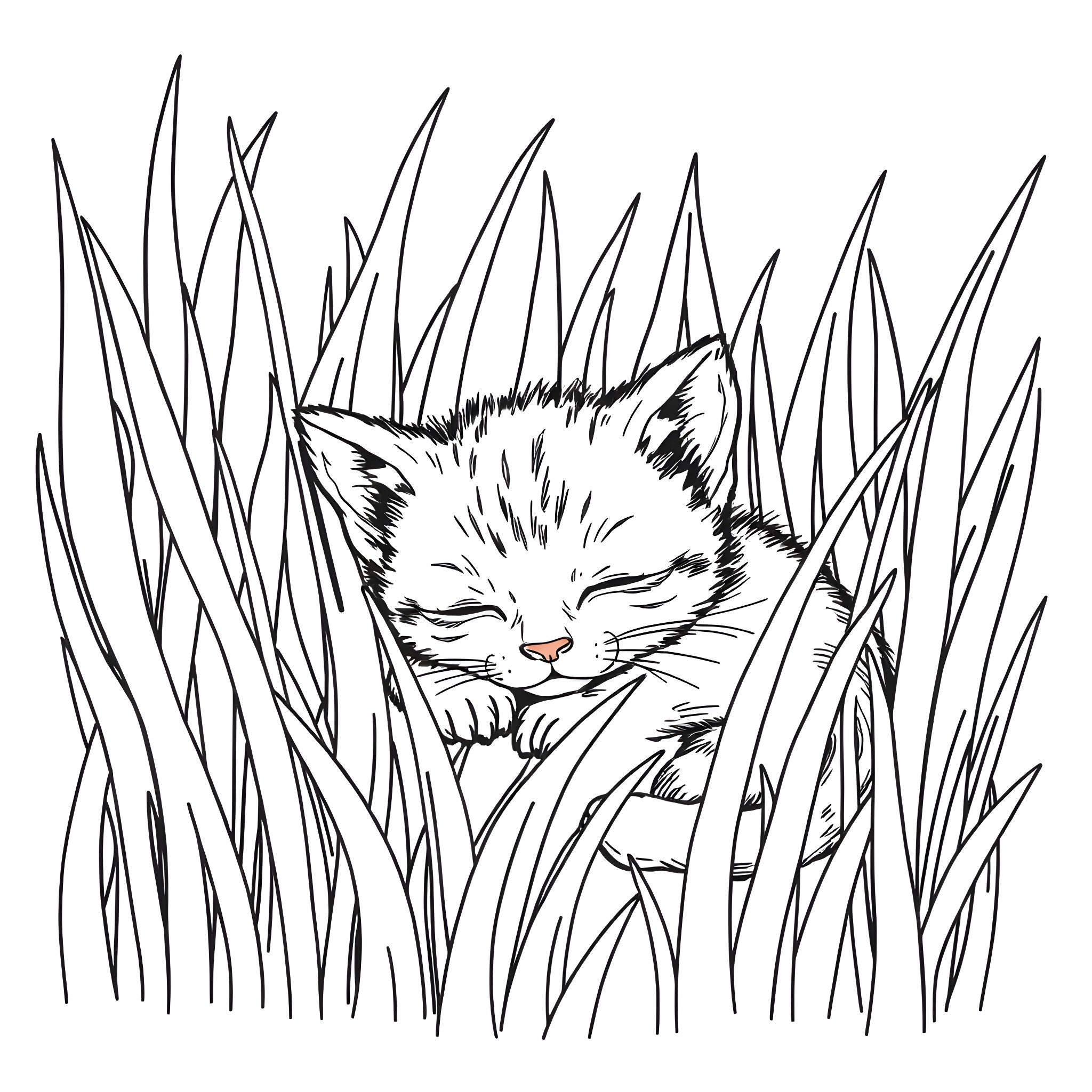 Kitten sleeping peacefully in tall grass Coloring Page (free black-and-white line drawing printable PDF for all, from beginners to advanced learners, including children, teens, adults, and seniors)