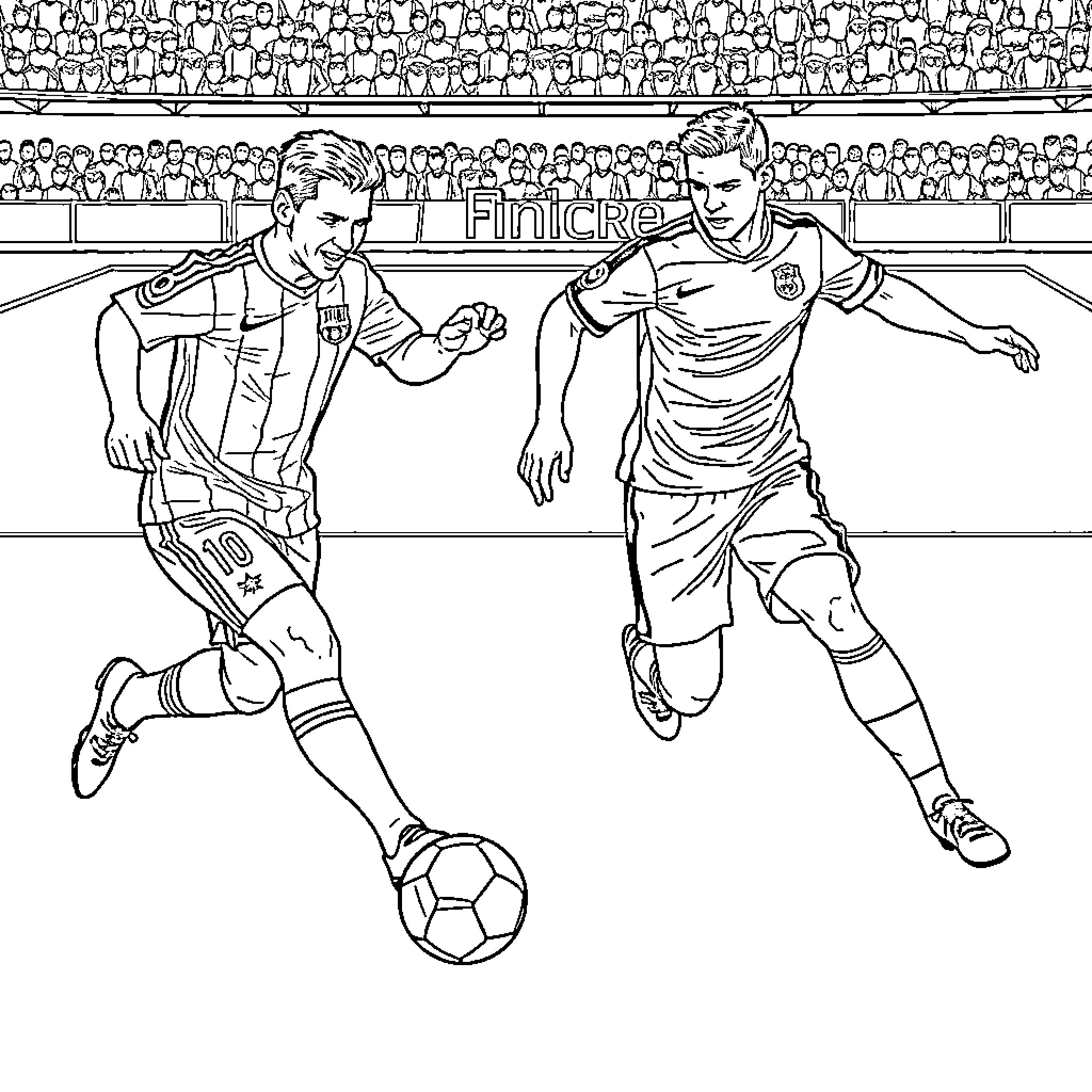 Soccer players competing in match on field Coloring Page (free black-and-white line drawing printable PDF for all, from beginners to advanced learners, including children, teens, adults, and seniors)