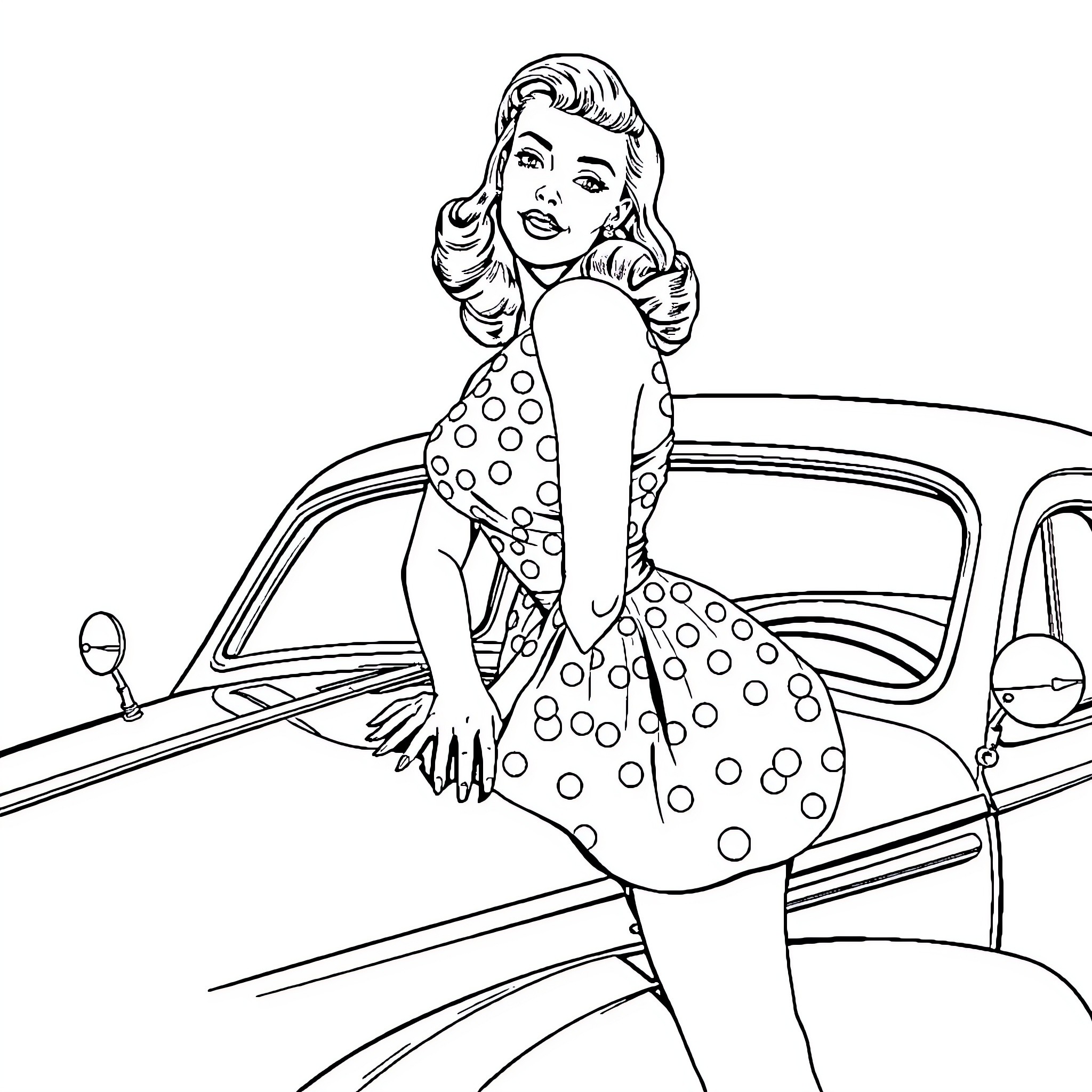 Pinup Girl in Polka Dot Dress Posing by Classic Car Coloring Page (free black-and-white line drawing printable PDF for all, from beginners to advanced learners, including children, teens, adults, and seniors)