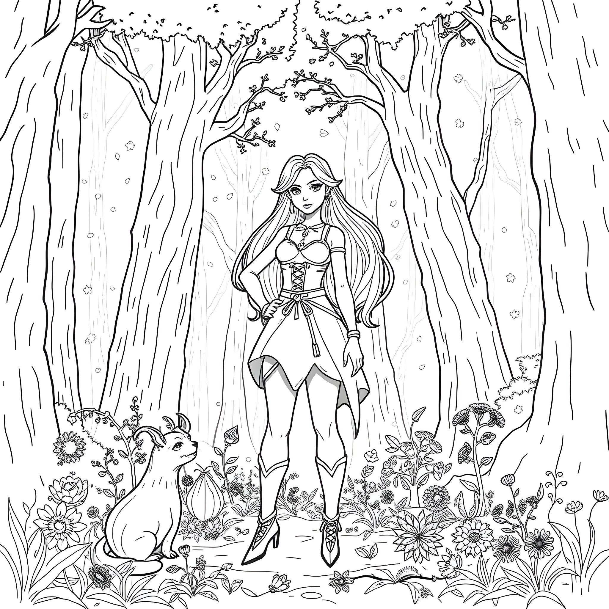 Zarah's Enchanted Forest Adventure Coloring Page (free black-and-white line drawing printable PDF for all, from beginners to advanced learners, including children, teens, adults, and seniors)