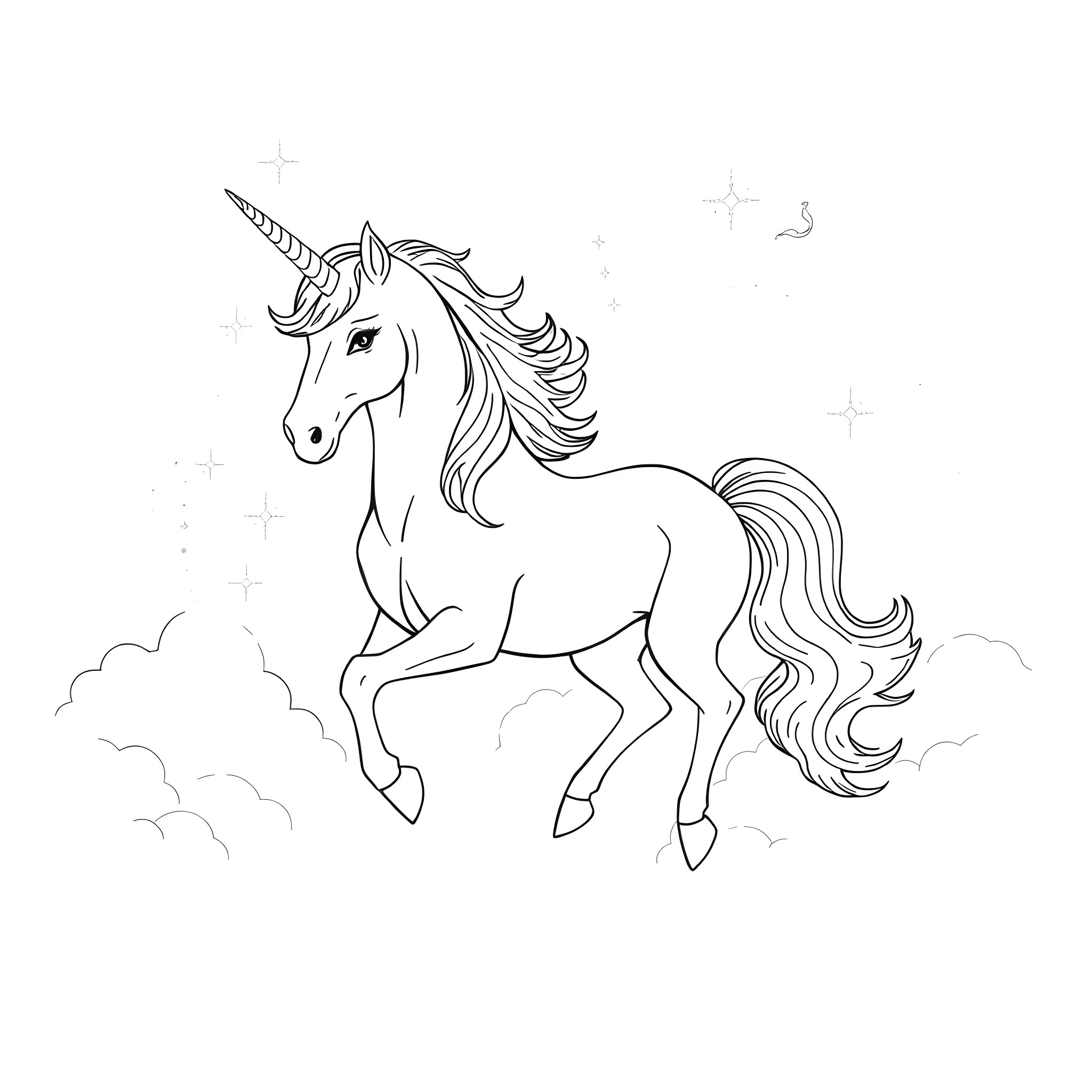 Unicorn running gracefully through the clouds Coloring Page (free black-and-white line drawing printable PDF for all, from beginners to advanced learners, including children, teens, adults, and seniors)