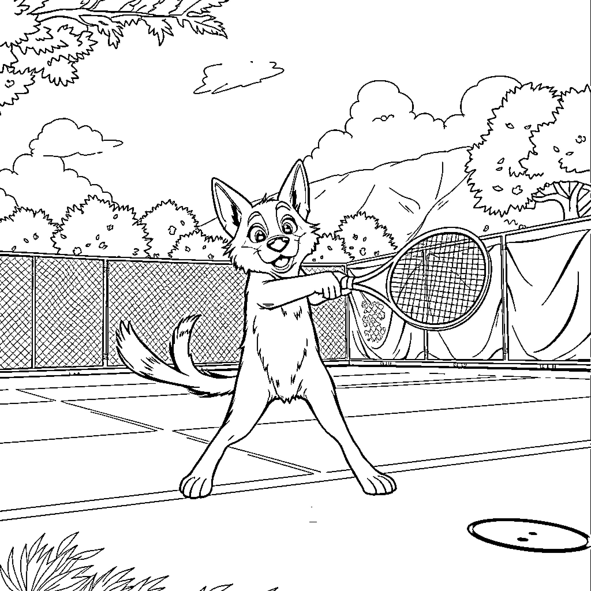 Huntrix's Playful Moment on the Tennis Court Coloring Page (free black-and-white line drawing printable PDF for all, from beginners to advanced learners, including children, teens, adults, and seniors)