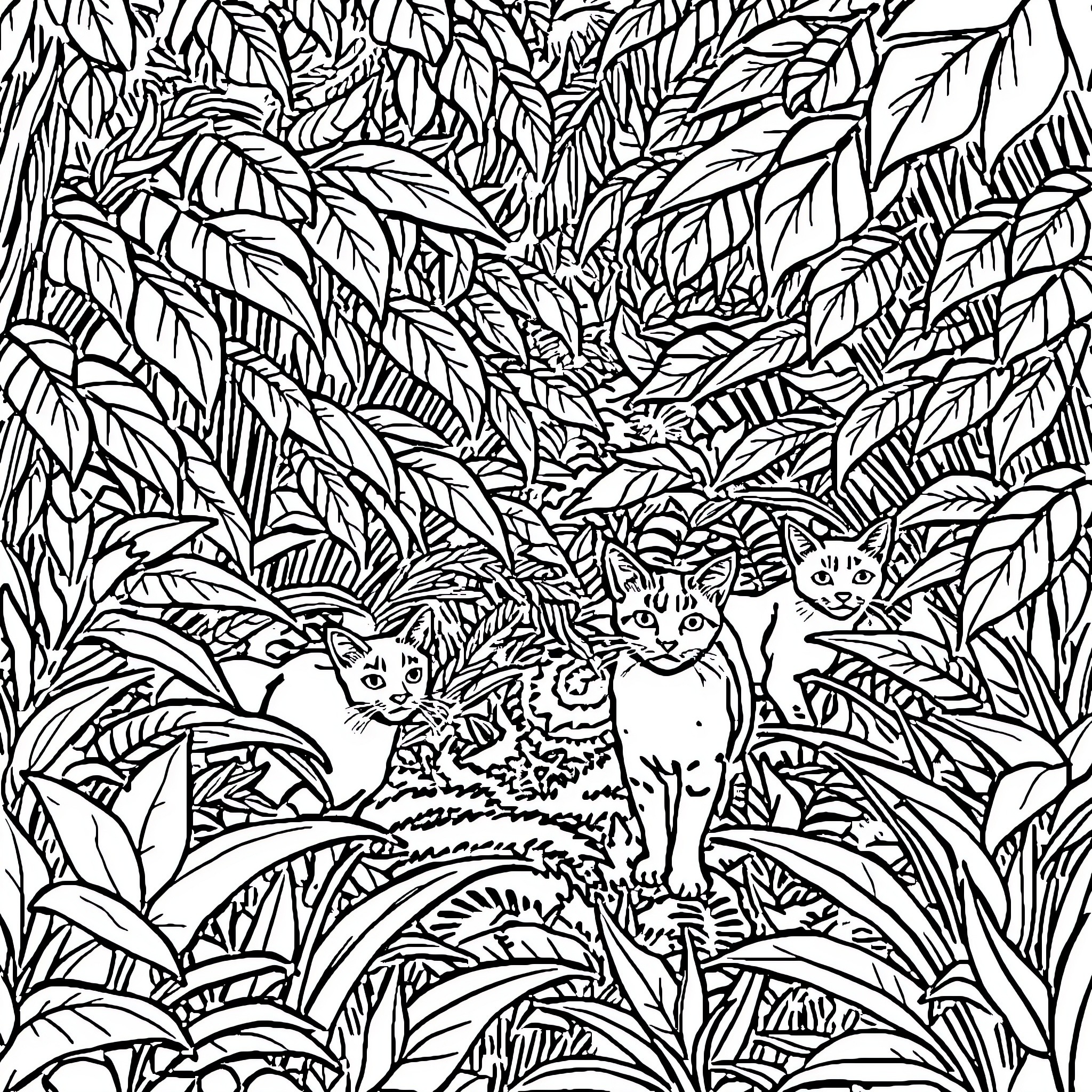 Cats Hidden in Lush Foliage Coloring Page (free black-and-white line drawing printable PDF for all, from beginners to advanced learners, including children, teens, adults, and seniors)