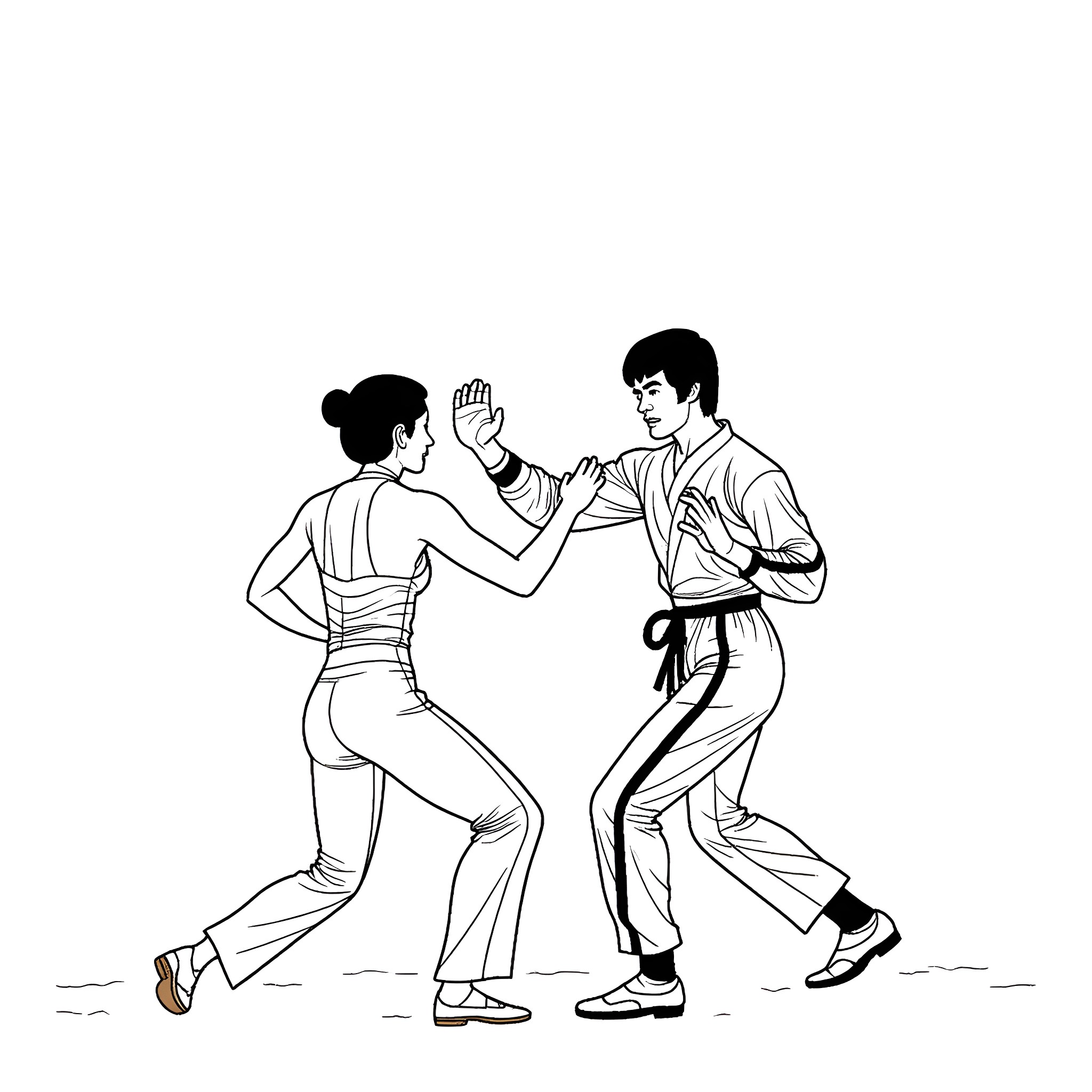 Angela Mao demonstrating martial arts techniques with a partner Coloring Page (free black-and-white line drawing printable PDF for all, from beginners to advanced learners, including children, teens, adults, and seniors)