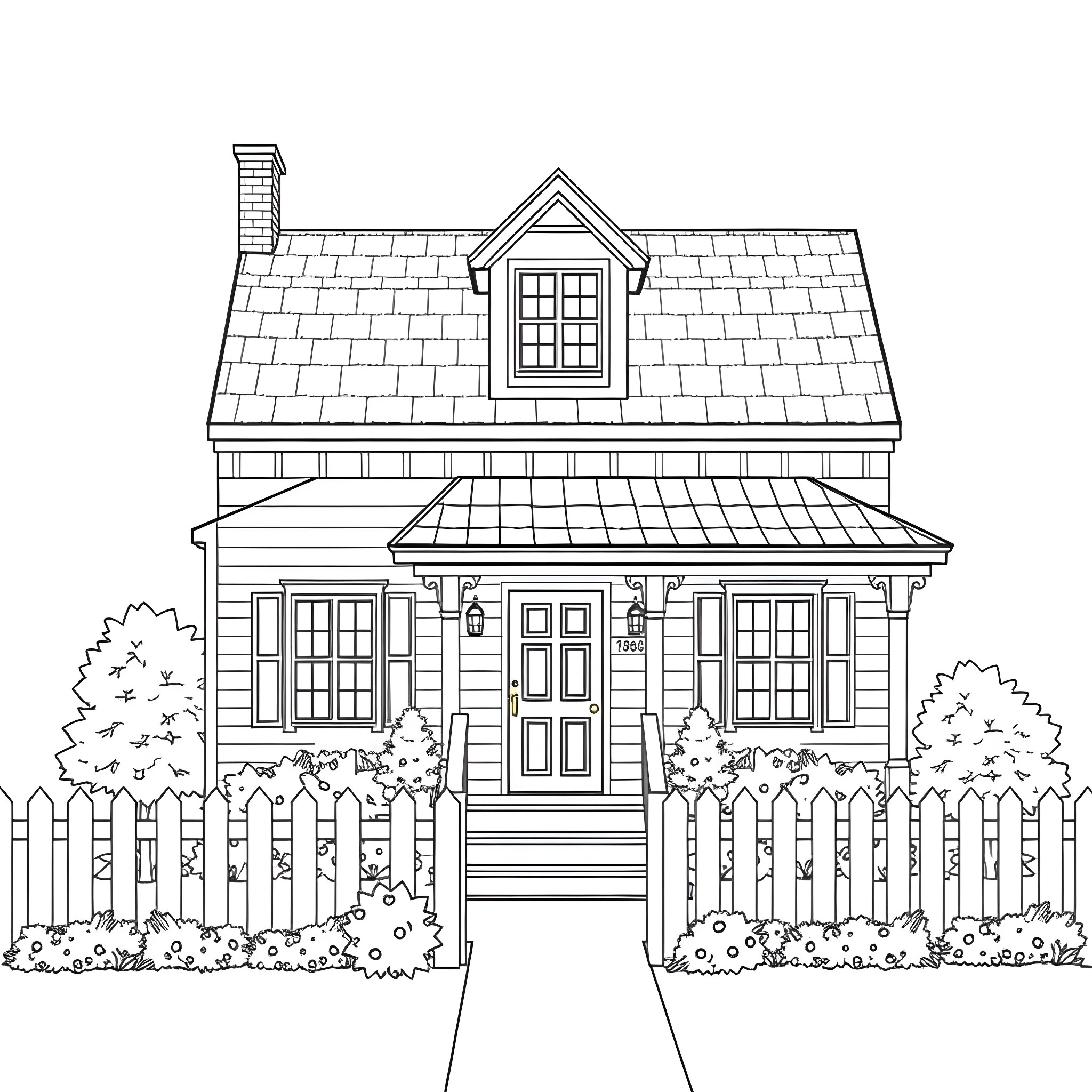 House with Detailed Architectural Features Coloring Page (free black-and-white line drawing printable PDF for all, from beginners to advanced learners, including children, teens, adults, and seniors)