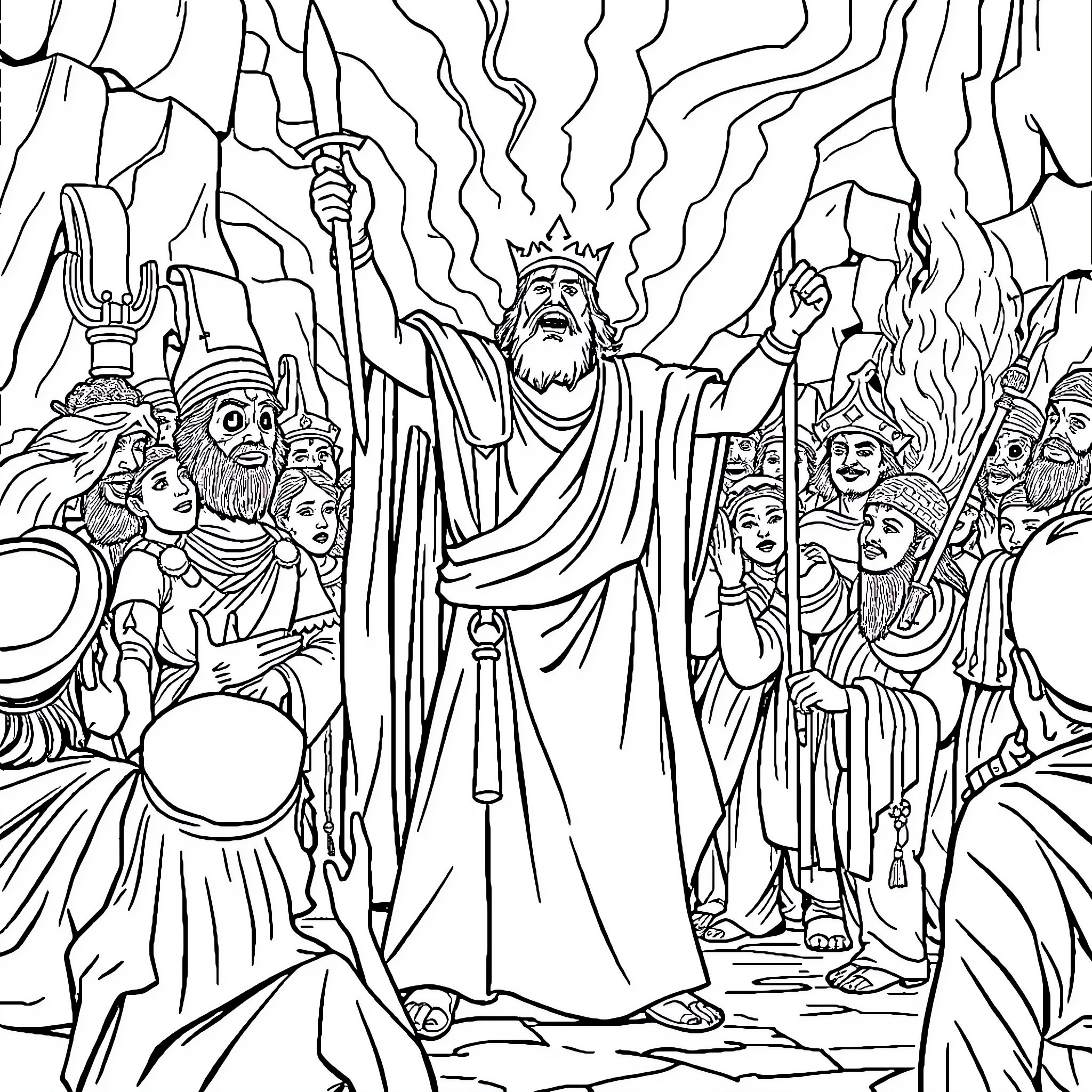 King Jehu Enthroned Amidst Adoring Subjects Coloring Page (free black-and-white line drawing printable PDF for all, from beginners to advanced learners, including children, teens, adults, and seniors)