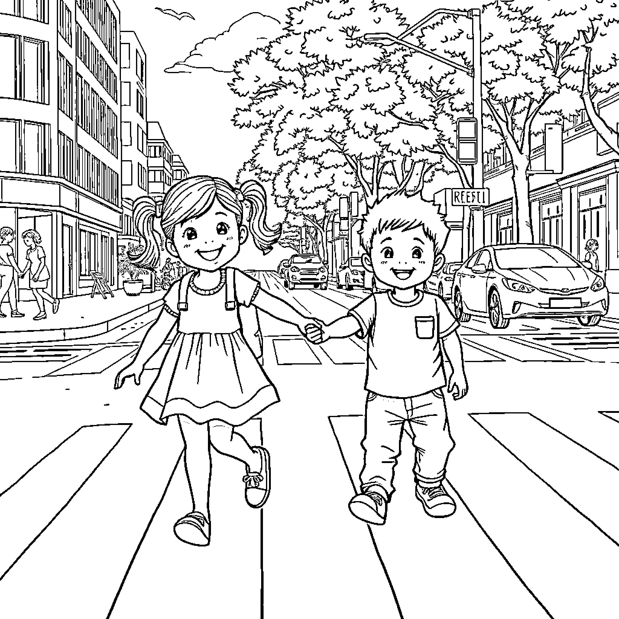 Child walking together in the city street Coloring Page (free black-and-white line drawing printable PDF for all, from beginners to advanced learners, including children, teens, adults, and seniors)