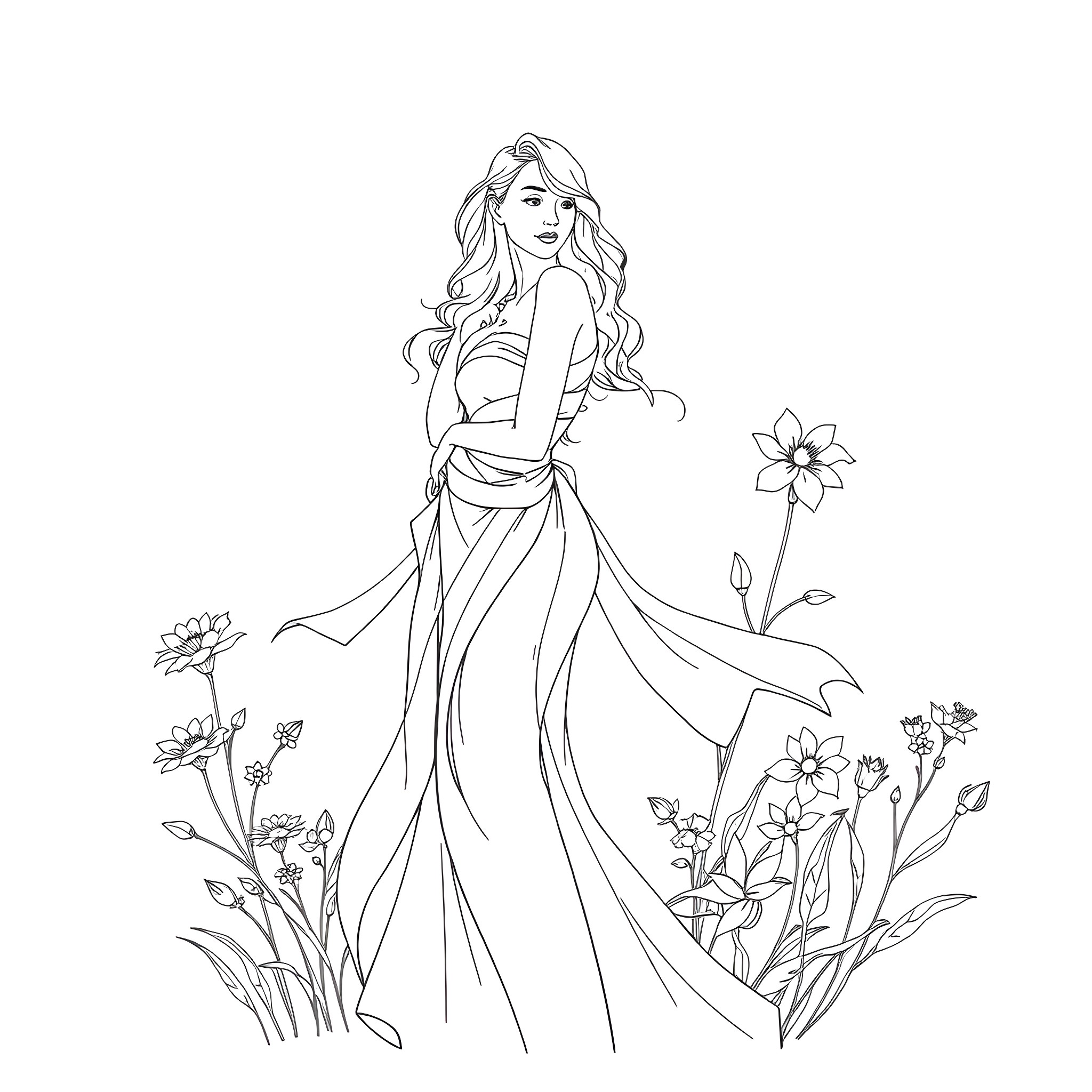 Woman in a flowing dress with flowers Coloring Page (free black-and-white line drawing printable PDF for all, from beginners to advanced learners, including children, teens, adults, and seniors)