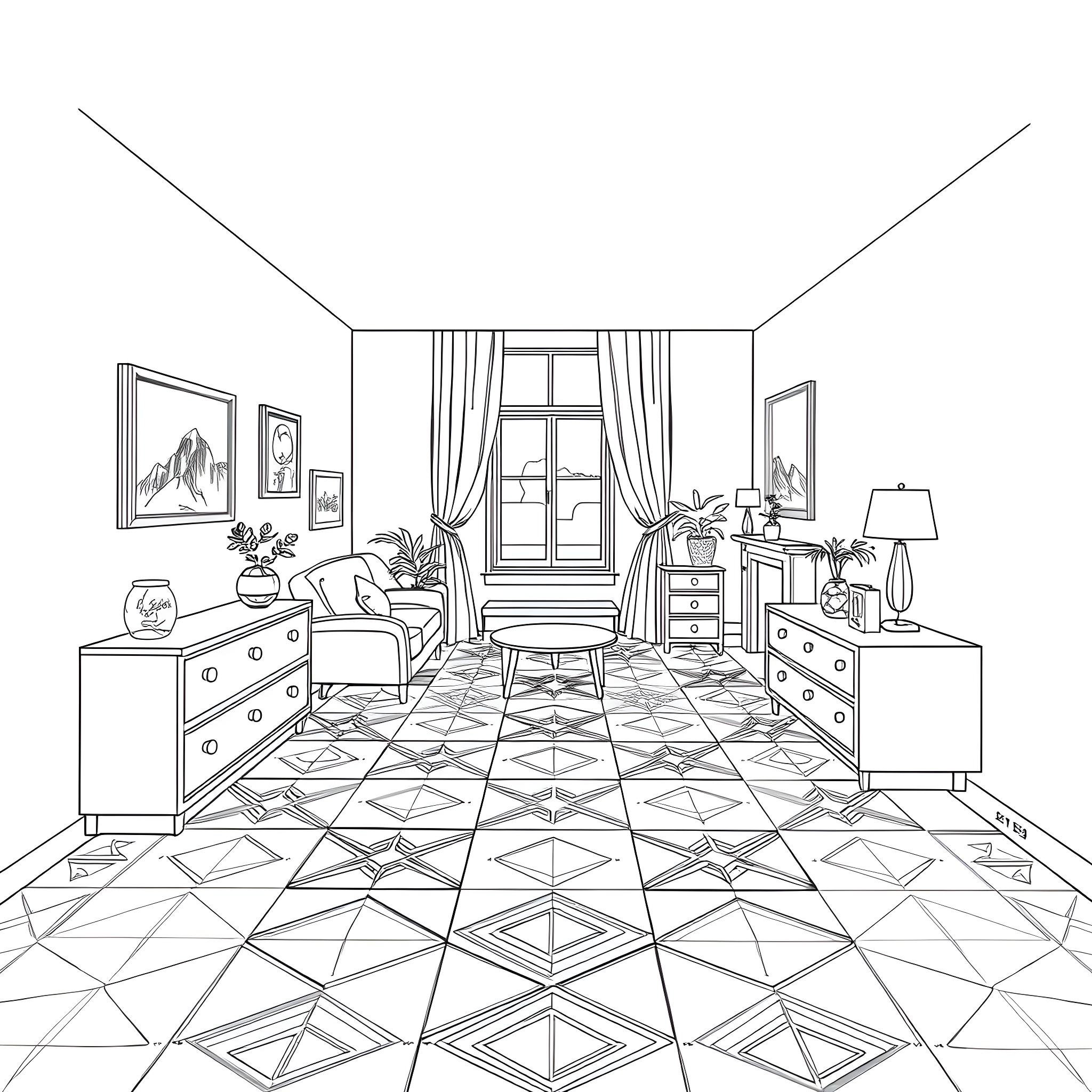 Pen sketch of a cozy living room with patterned flooring Coloring Page (free black-and-white line drawing printable PDF for all, from beginners to advanced learners, including children, teens, adults, and seniors)