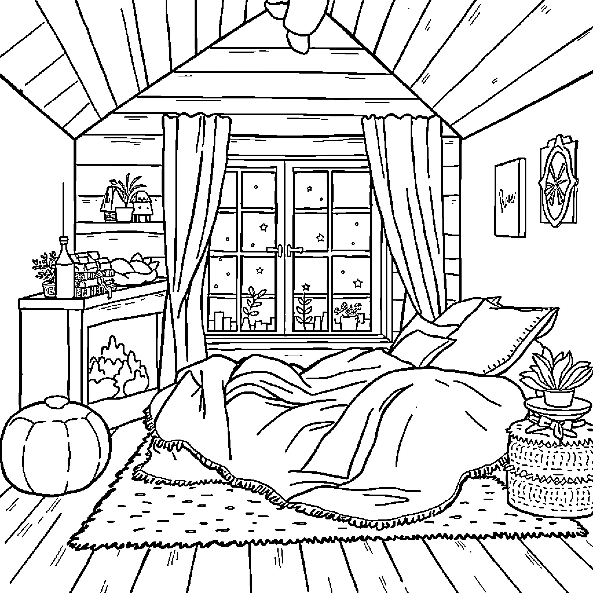 Cozy Autumn Bedroom Scene with Comfy Bedding Coloring Page (free black-and-white line drawing printable PDF for all, from beginners to advanced learners, including children, teens, adults, and seniors)