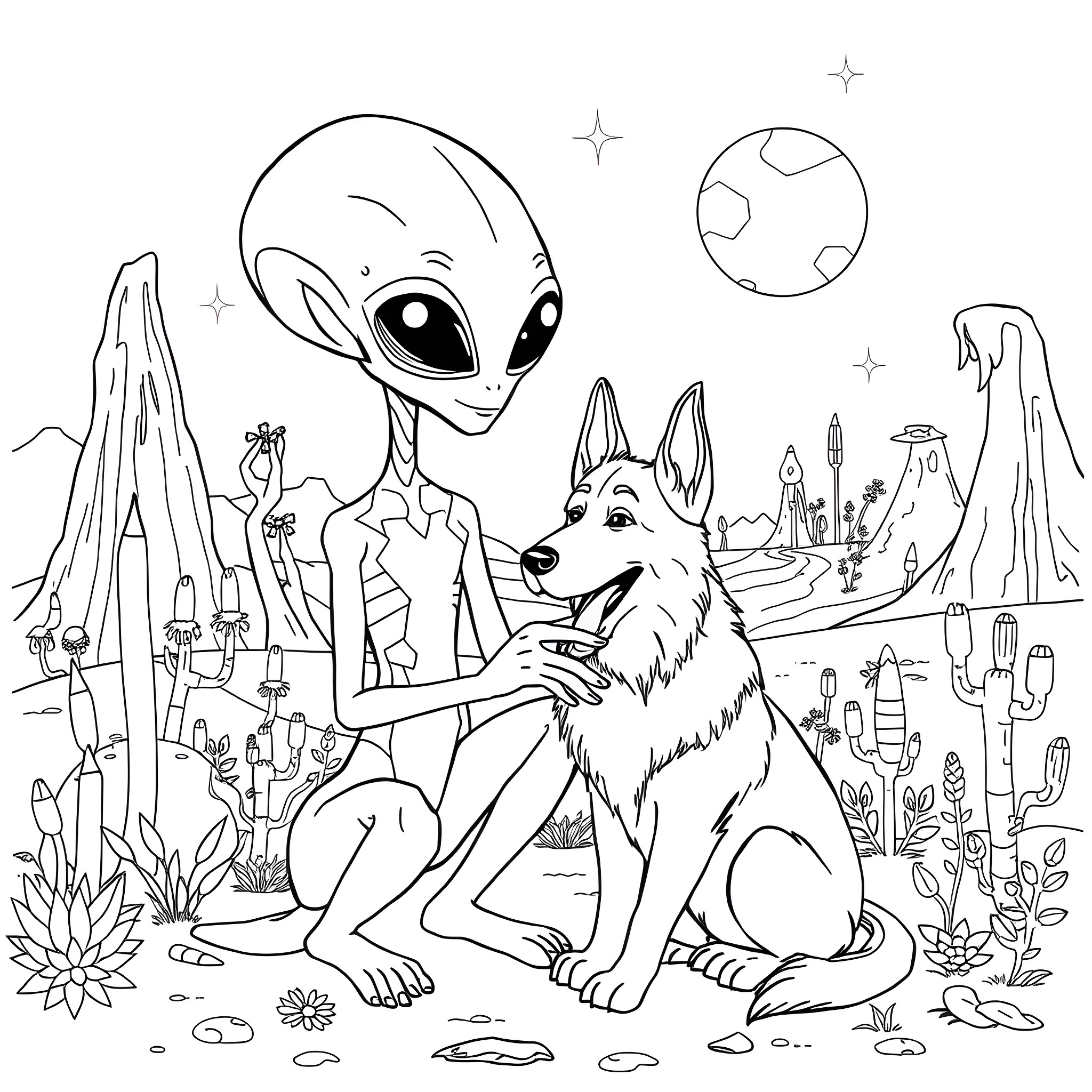Alien Encounters a Friendly Canine in Otherworldly Landscape Coloring Page (free black-and-white line drawing printable PDF for all, from beginners to advanced learners, including children, teens, adults, and seniors)