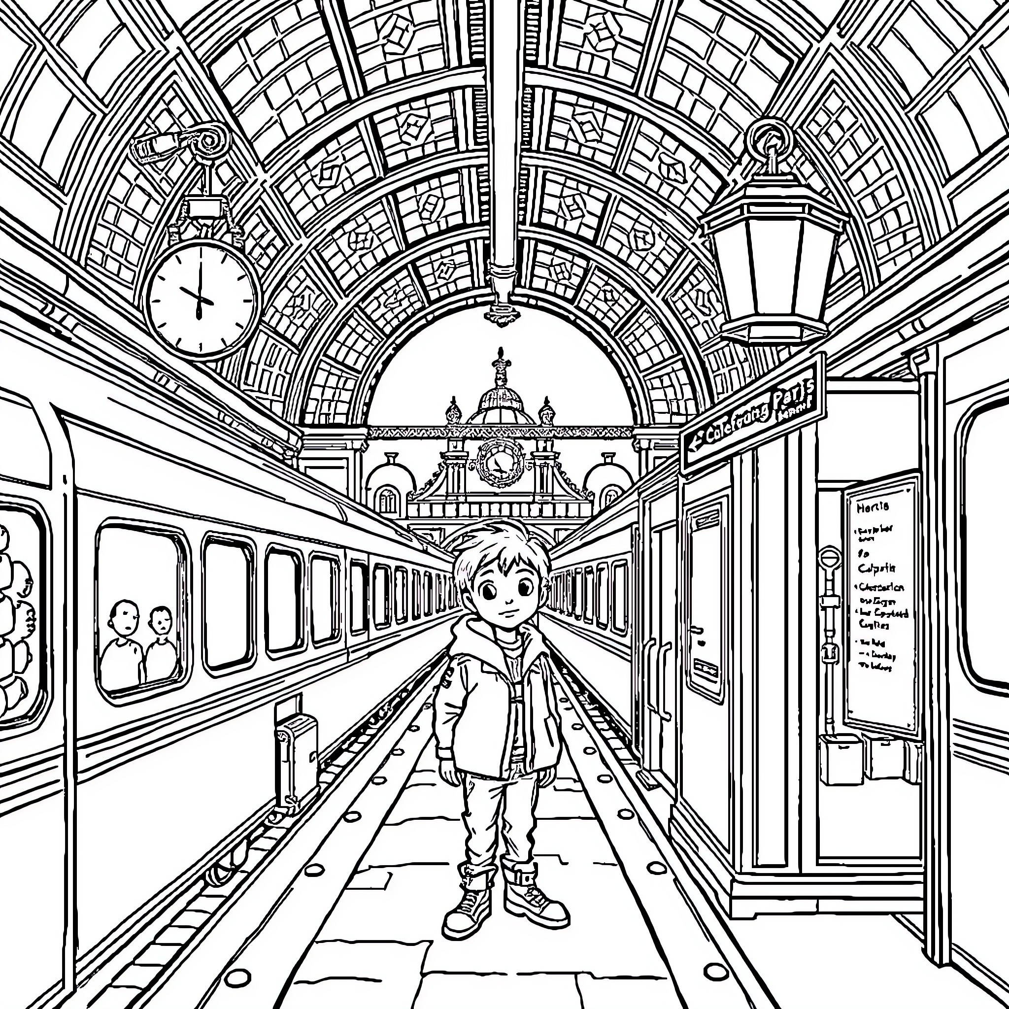 Hugo Cabret exploring the grand station Coloring Page (free black-and-white line drawing printable PDF for all, from beginners to advanced learners, including children, teens, adults, and seniors)
