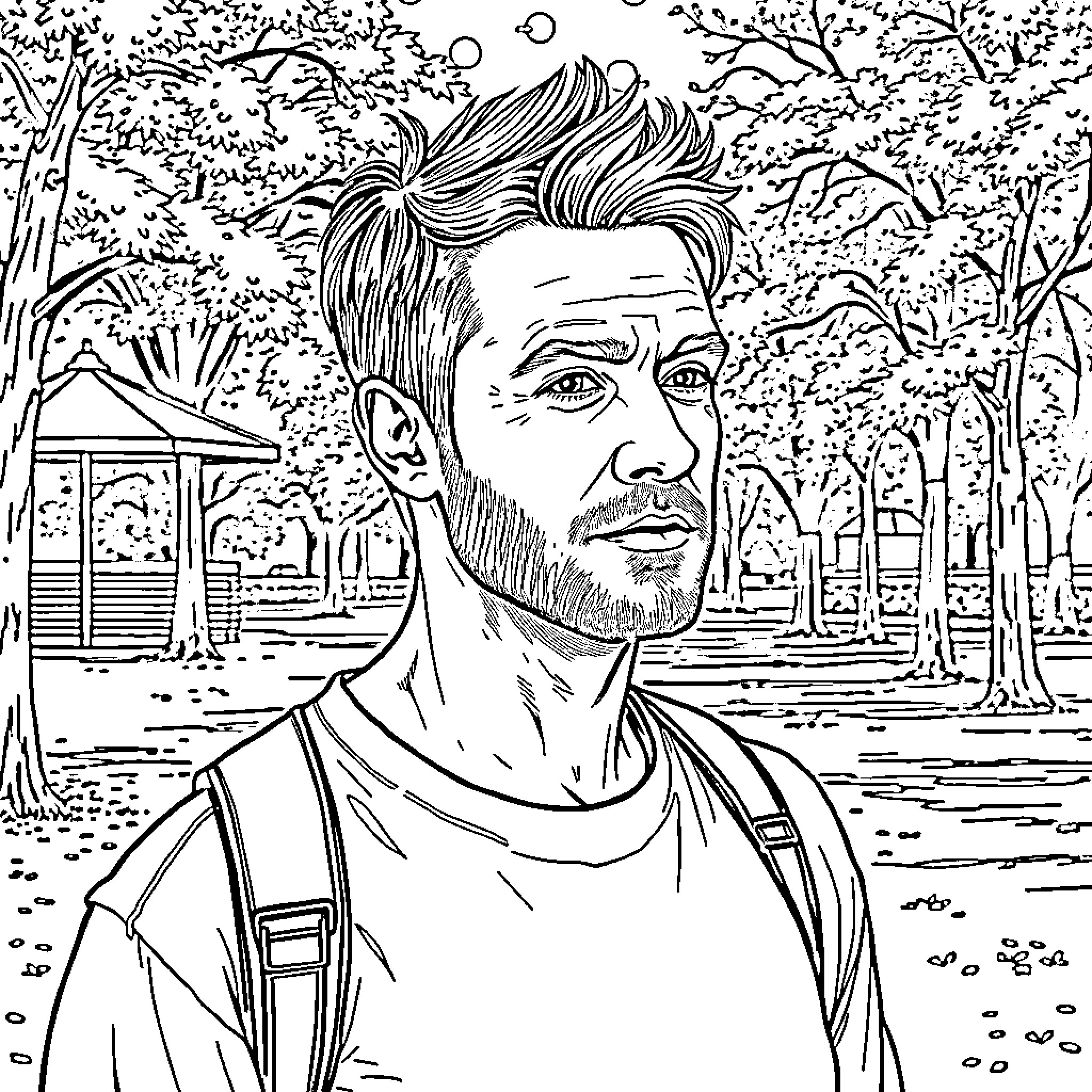 Man gazing thoughtfully in outdoor park setting Coloring Page (free black-and-white line drawing printable PDF for all, from beginners to advanced learners, including children, teens, adults, and seniors)