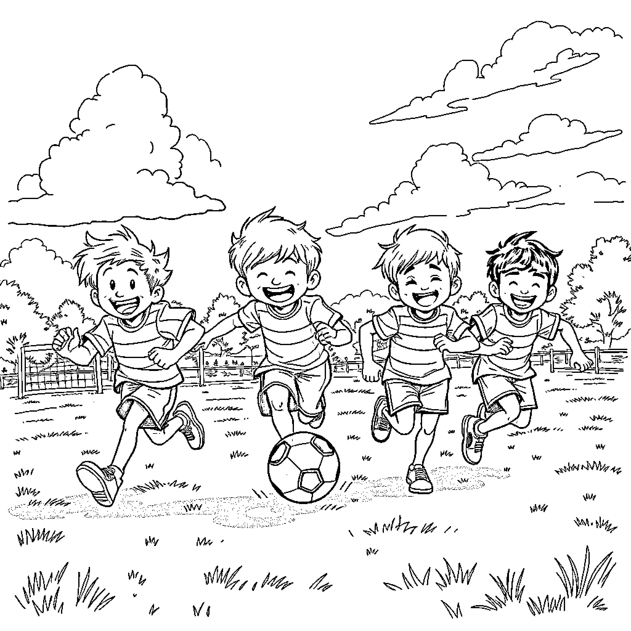 Kid friends playing soccer joyfully in the park Coloring Page (free black-and-white line drawing printable PDF for all, from beginners to advanced learners, including children, teens, adults, and seniors)