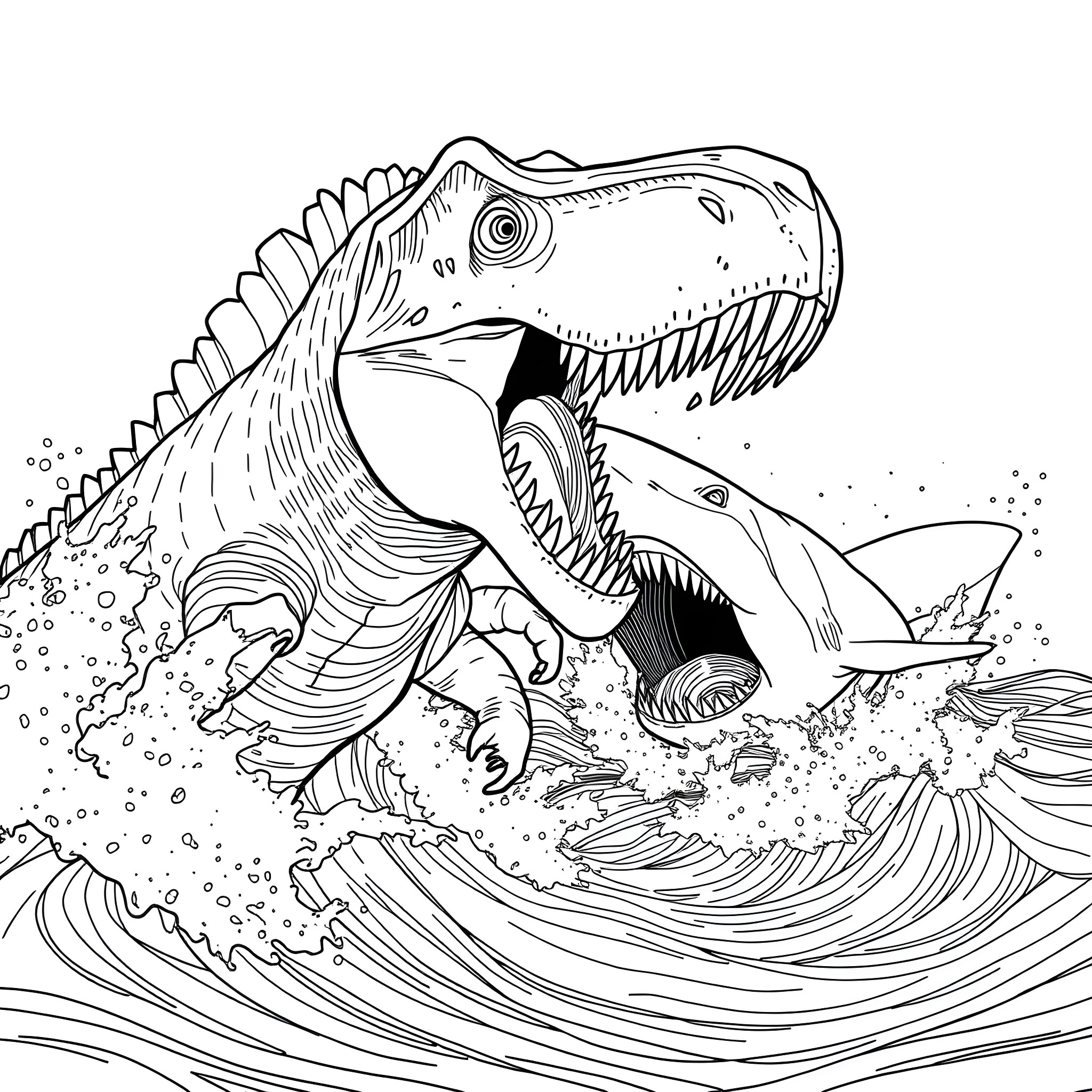 Spinosaurus exploring the underwater world Coloring Page (free black-and-white line drawing printable PDF for all, from beginners to advanced learners, including children, teens, adults, and seniors)