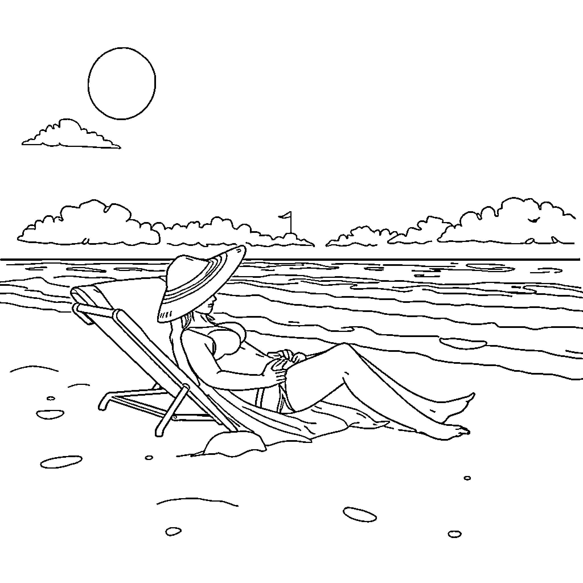 Bbw relaxing on beach chair by the ocean Coloring Page (free black-and-white line drawing printable PDF for all, from beginners to advanced learners, including children, teens, adults, and seniors)