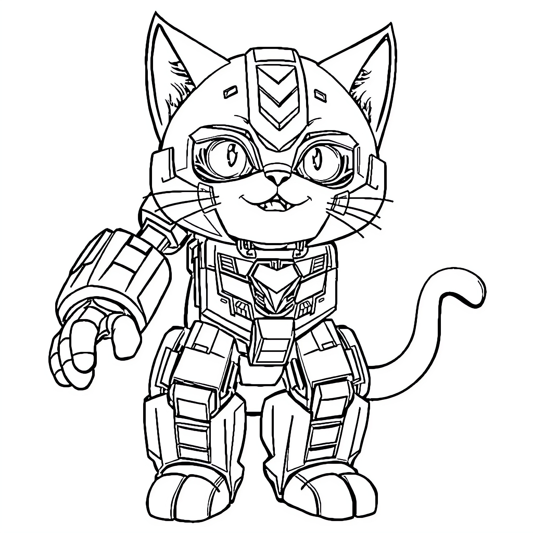 Transformer Cat Robot with Mechanical Features Coloring Page (free black-and-white line drawing printable PDF for all, from beginners to advanced learners, including children, teens, adults, and seniors)