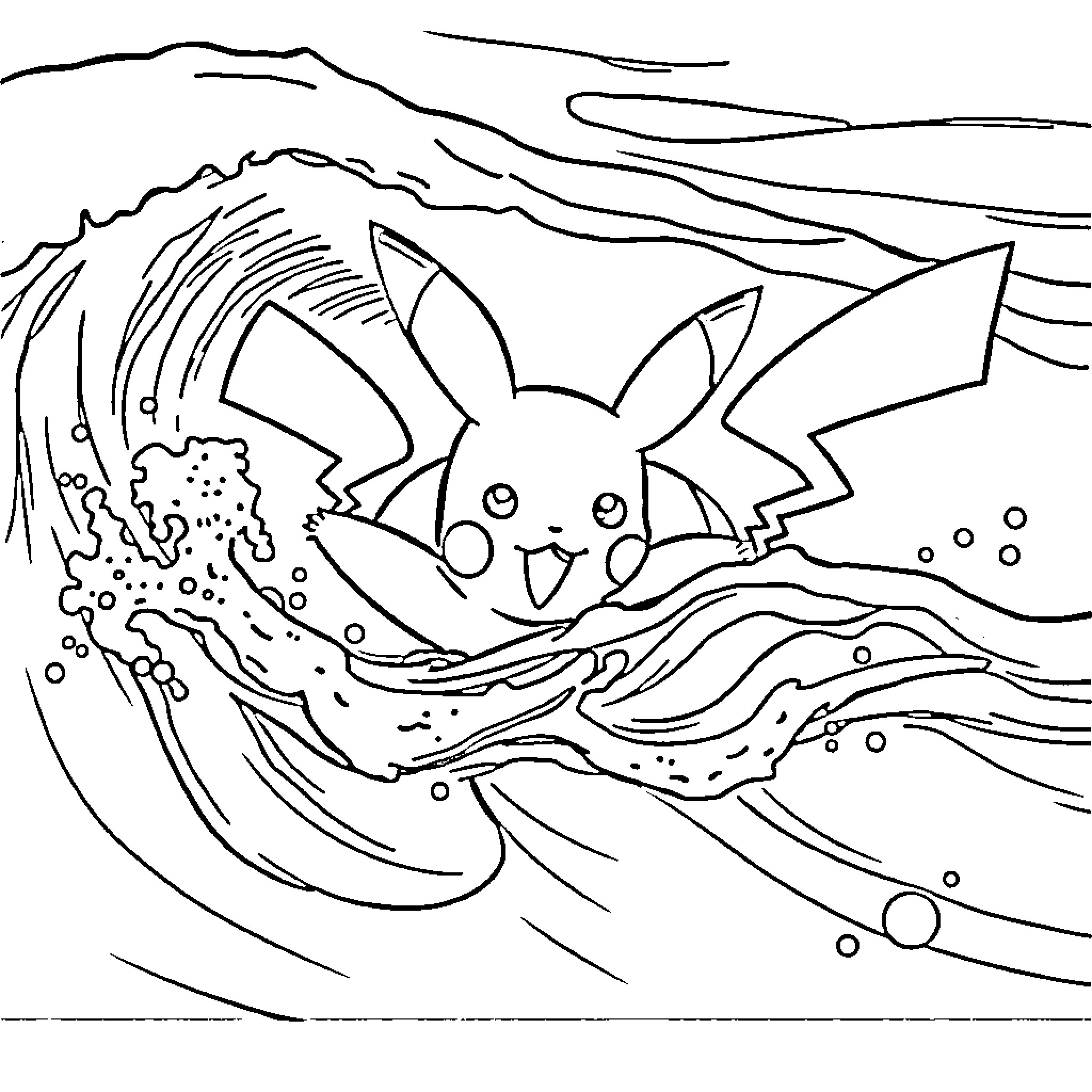 Pikachu Surfing on a Stormy Wave Coloring Page (free black-and-white line drawing printable PDF for all, from beginners to advanced learners, including children, teens, adults, and seniors)