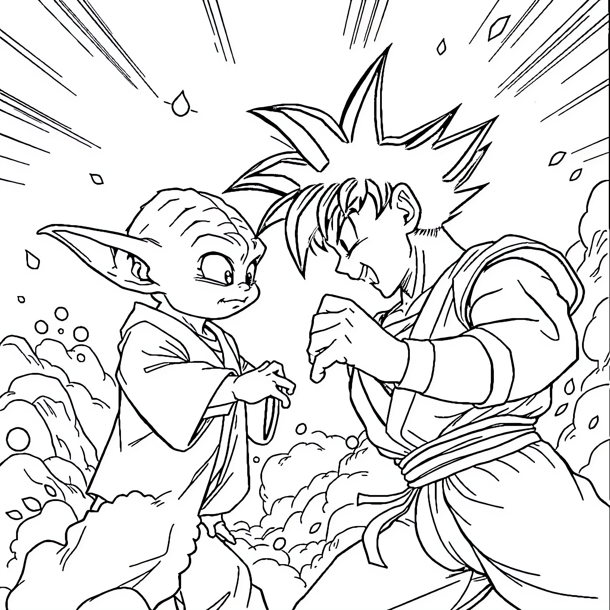 Yoda engages in epic battle with warrior Coloring Page (free black-and-white line drawing printable PDF for all, from beginners to advanced learners, including children, teens, adults, and seniors)