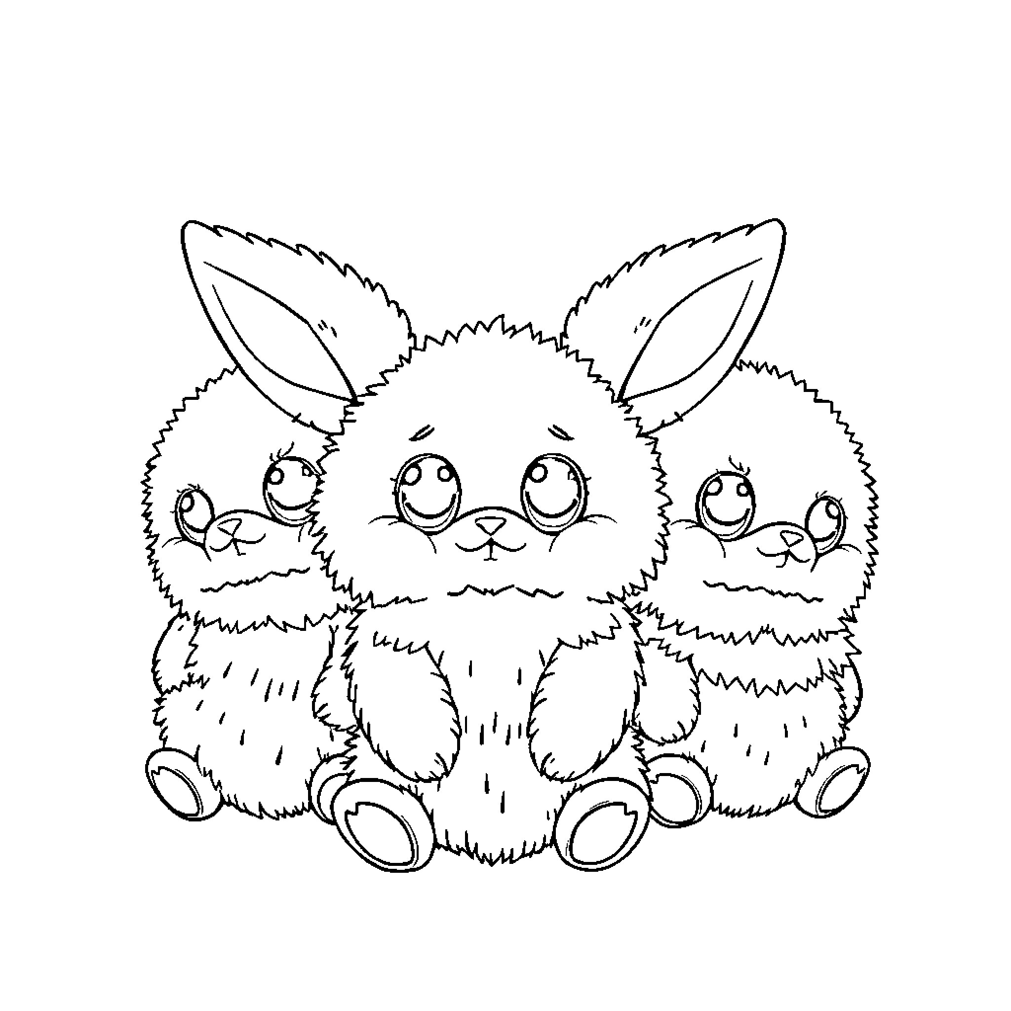 Lububu Doll Playful Rabbits with Joyful Expressions Coloring Page (free black-and-white line drawing printable PDF for all, from beginners to advanced learners, including children, teens, adults, and seniors)