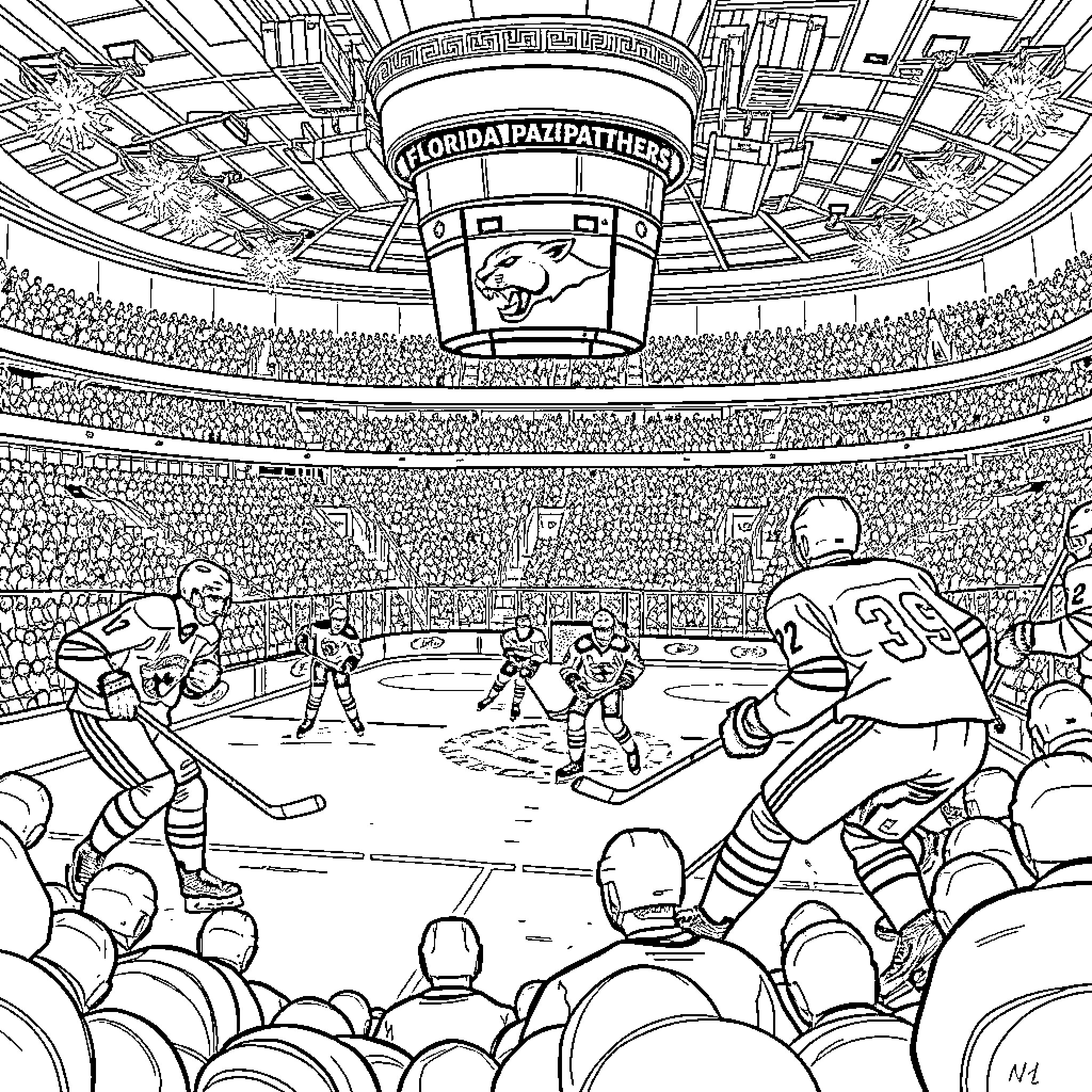Florida Panther Hockey Players in an Intense Game Coloring Page (free black-and-white line drawing printable PDF for all, from beginners to advanced learners, including children, teens, adults, and seniors)