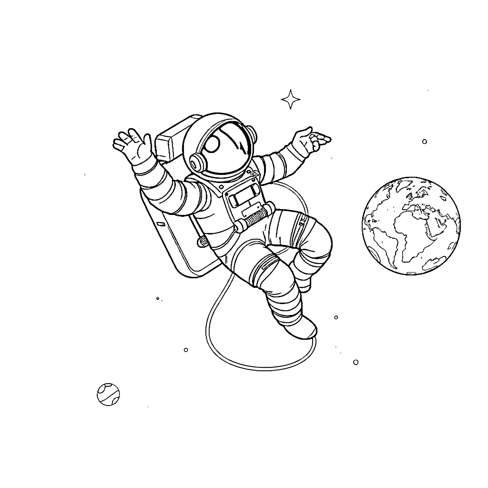 Astronaut floating in space with Earth and stars Coloring Page (free black-and-white line drawing printable PDF for all, from beginners to advanced learners, including children, teens, adults, and seniors)