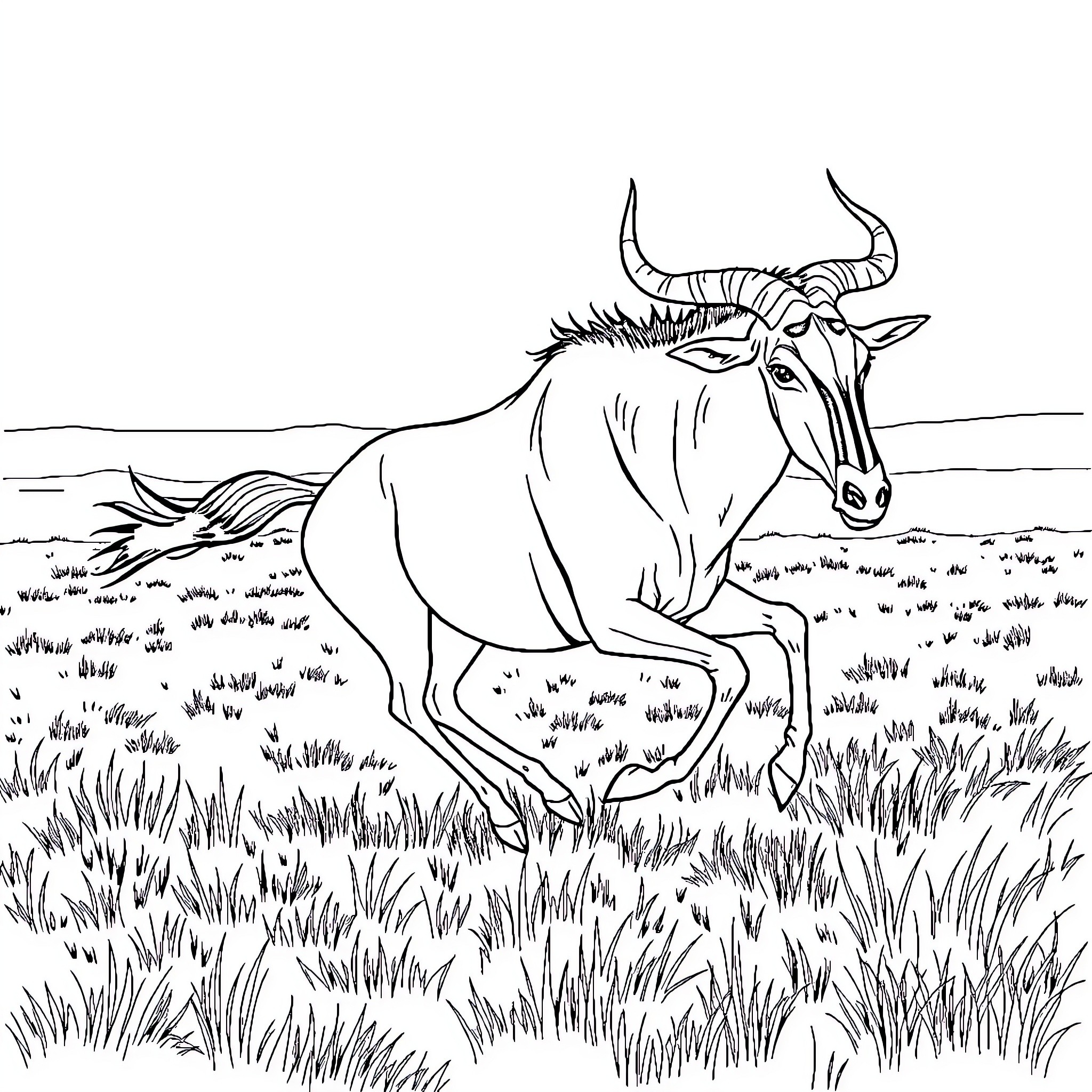 Wildebeest running freely through the grasslands Coloring Page (free black-and-white line drawing printable PDF for all, from beginners to advanced learners, including children, teens, adults, and seniors)