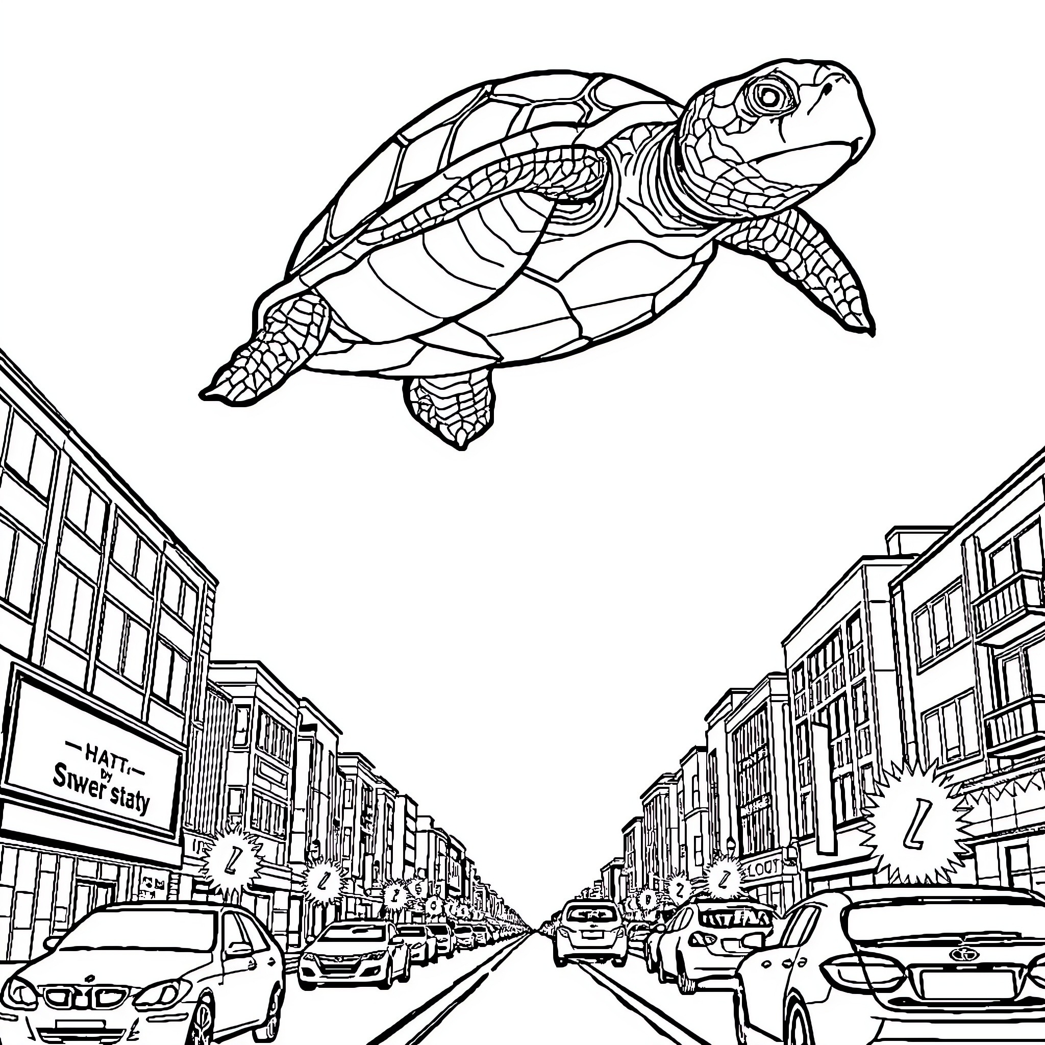 Turtle swimming above city street Coloring Page (free black-and-white line drawing printable PDF for all, from beginners to advanced learners, including children, teens, adults, and seniors)