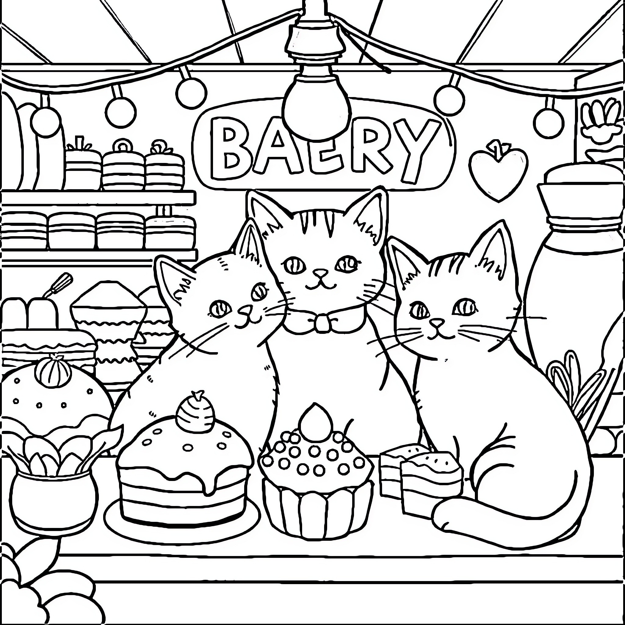Bakery with Playful Kittens and Delightful Treats Coloring Page (free black-and-white line drawing printable PDF for all, from beginners to advanced learners, including children, teens, adults, and seniors)