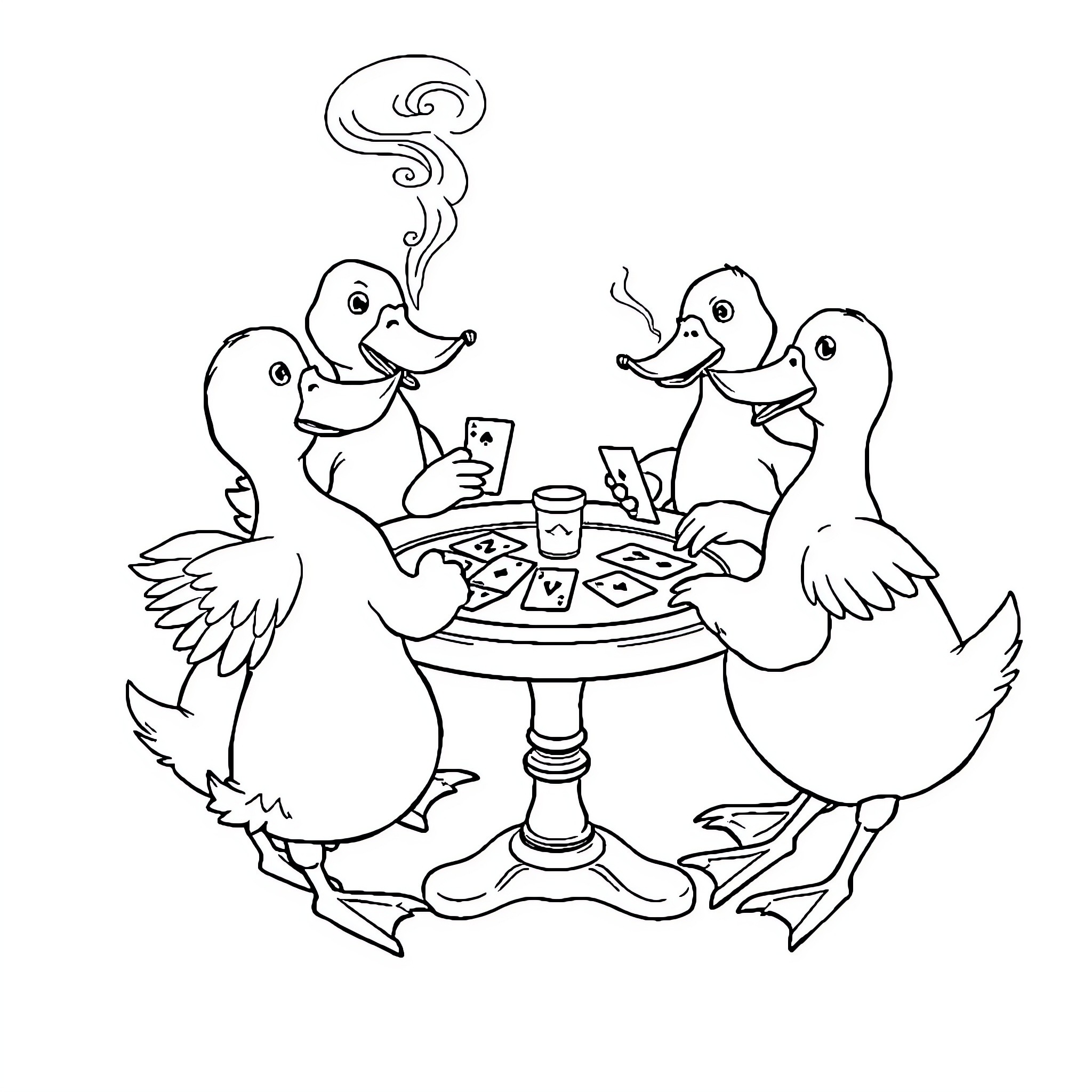 Ducks having a tea party Coloring Page (free black-and-white line drawing printable PDF for all, from beginners to advanced learners, including children, teens, adults, and seniors)