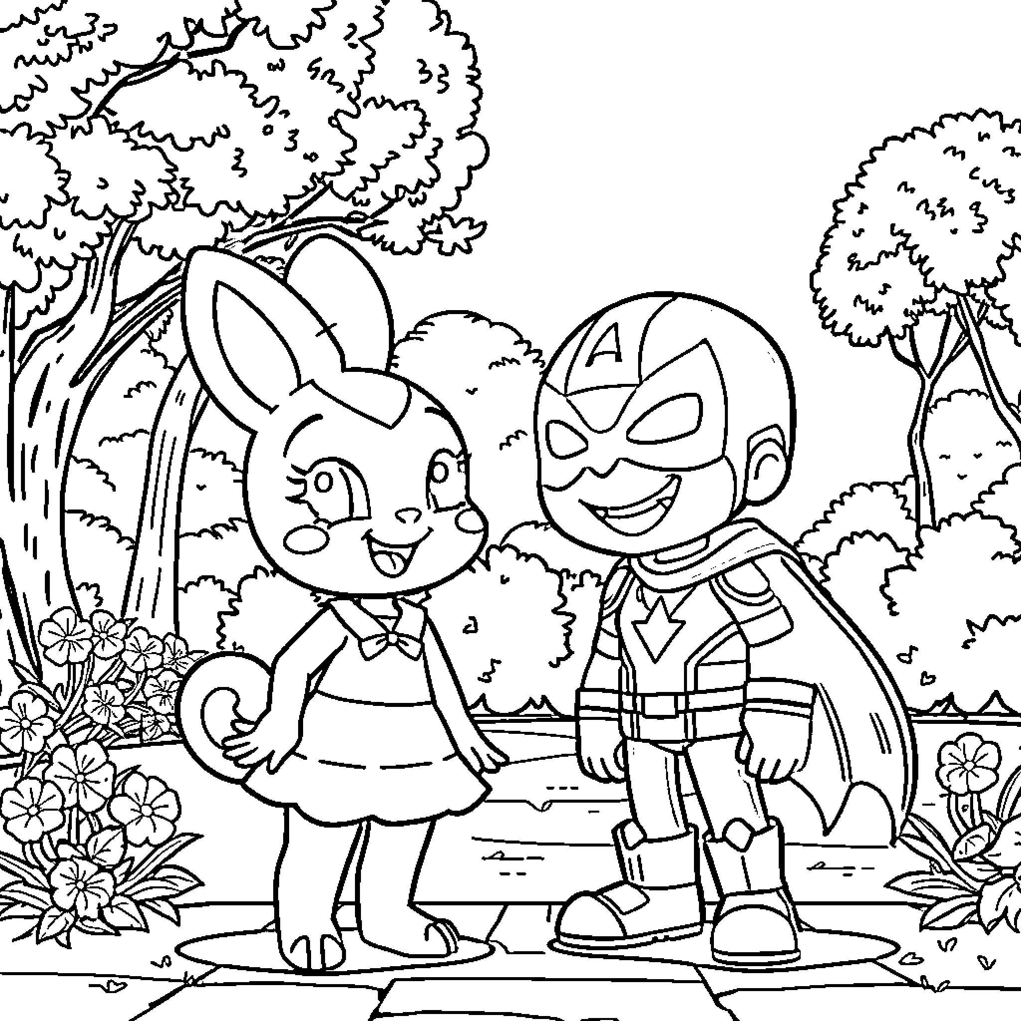Mirabel and her friend exploring the forest Coloring Page (free black-and-white line drawing printable PDF for all, from beginners to advanced learners, including children, teens, adults, and seniors)