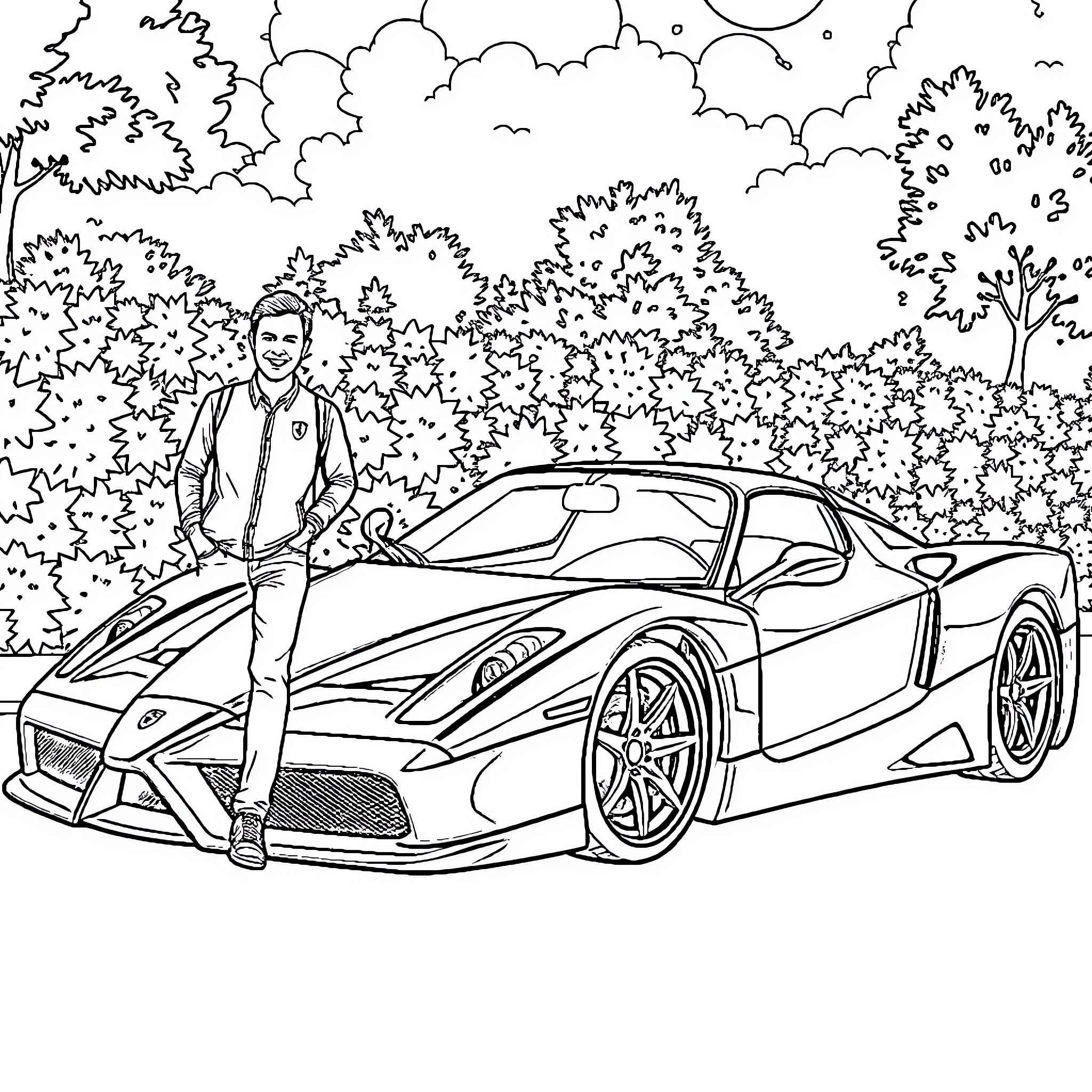 Ferrari sports car in scenic forest landscape Coloring Page (free black-and-white line drawing printable PDF for all, from beginners to advanced learners, including children, teens, adults, and seniors)
