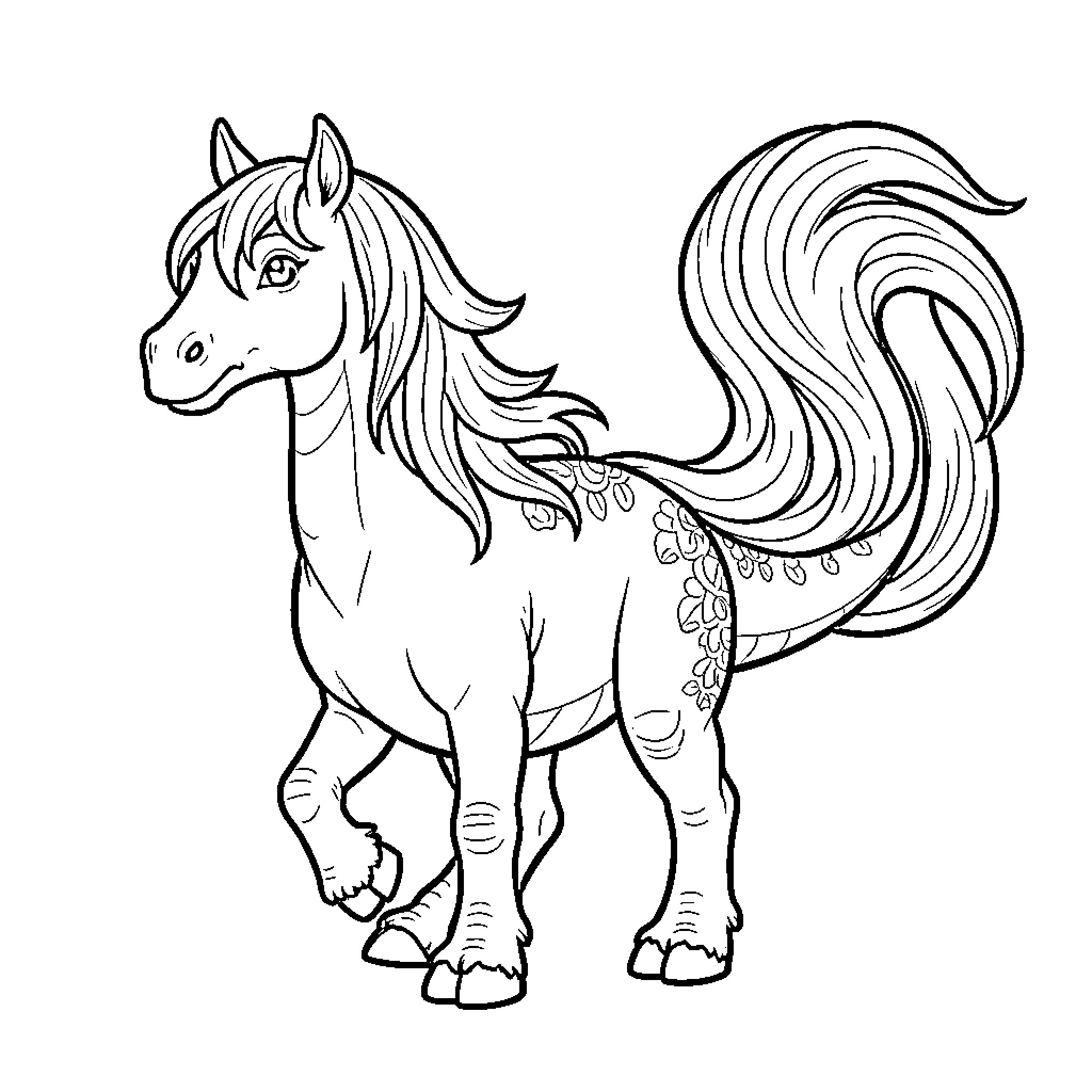 Dinosaur inspired mythical horse standing gracefully with floral patterns Coloring Page (free black-and-white line drawing printable PDF for all, from beginners to advanced learners, including children, teens, adults, and seniors)
