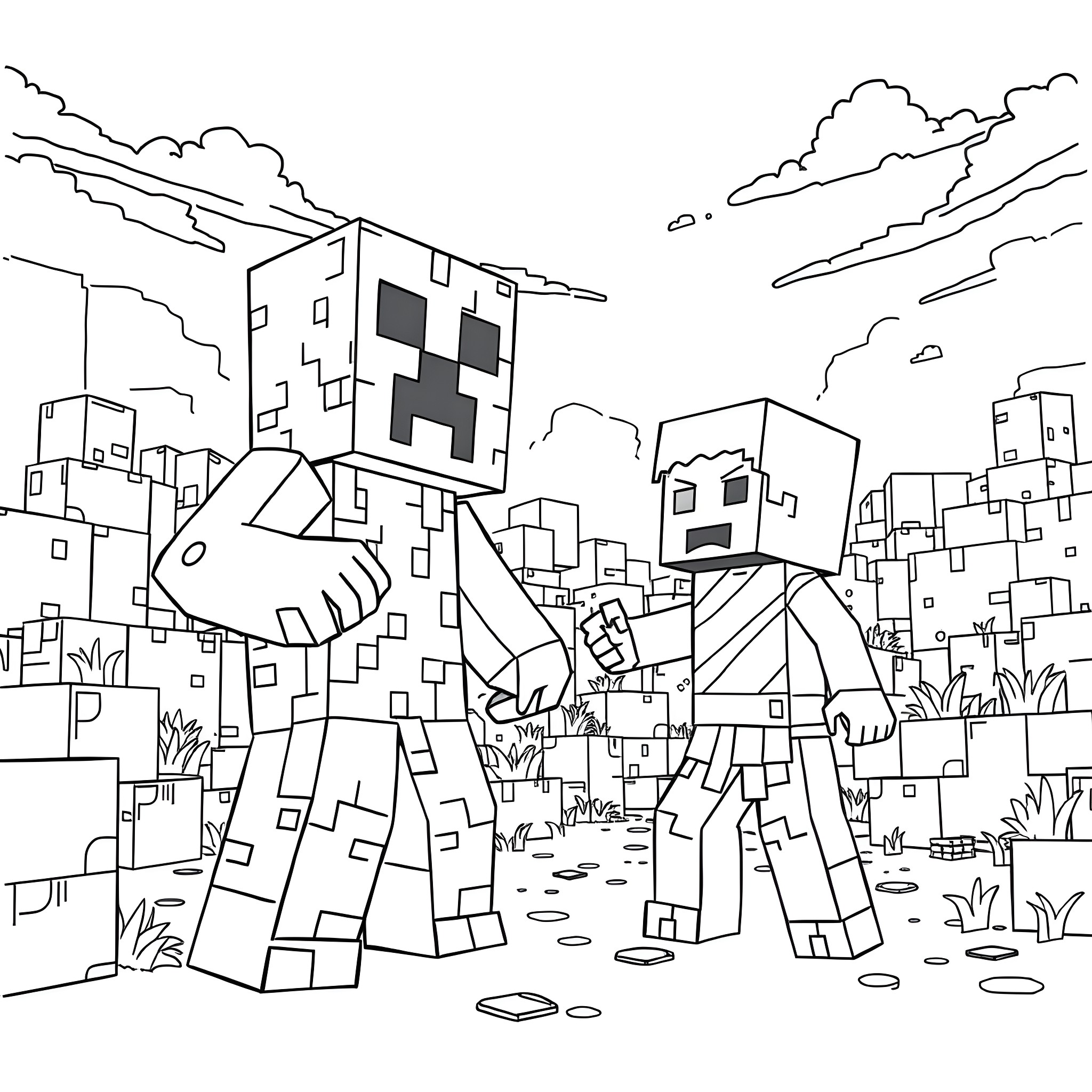 Creeper exploring the blocky world Coloring Page (free black-and-white line drawing printable PDF for all, from beginners to advanced learners, including children, teens, adults, and seniors)