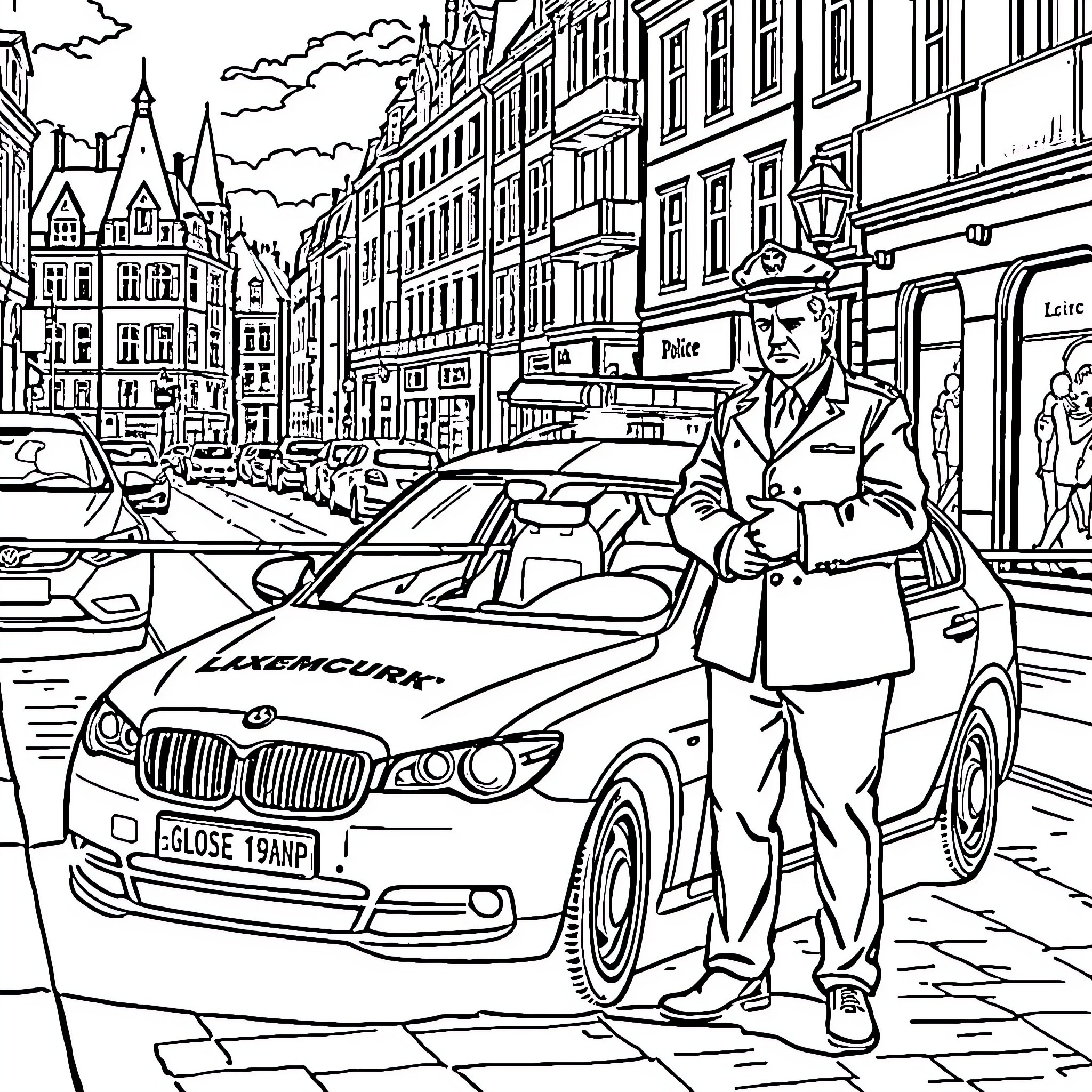 Police Car on Duty in the City Street Coloring Page (free black-and-white line drawing printable PDF for all, from beginners to advanced learners, including children, teens, adults, and seniors)