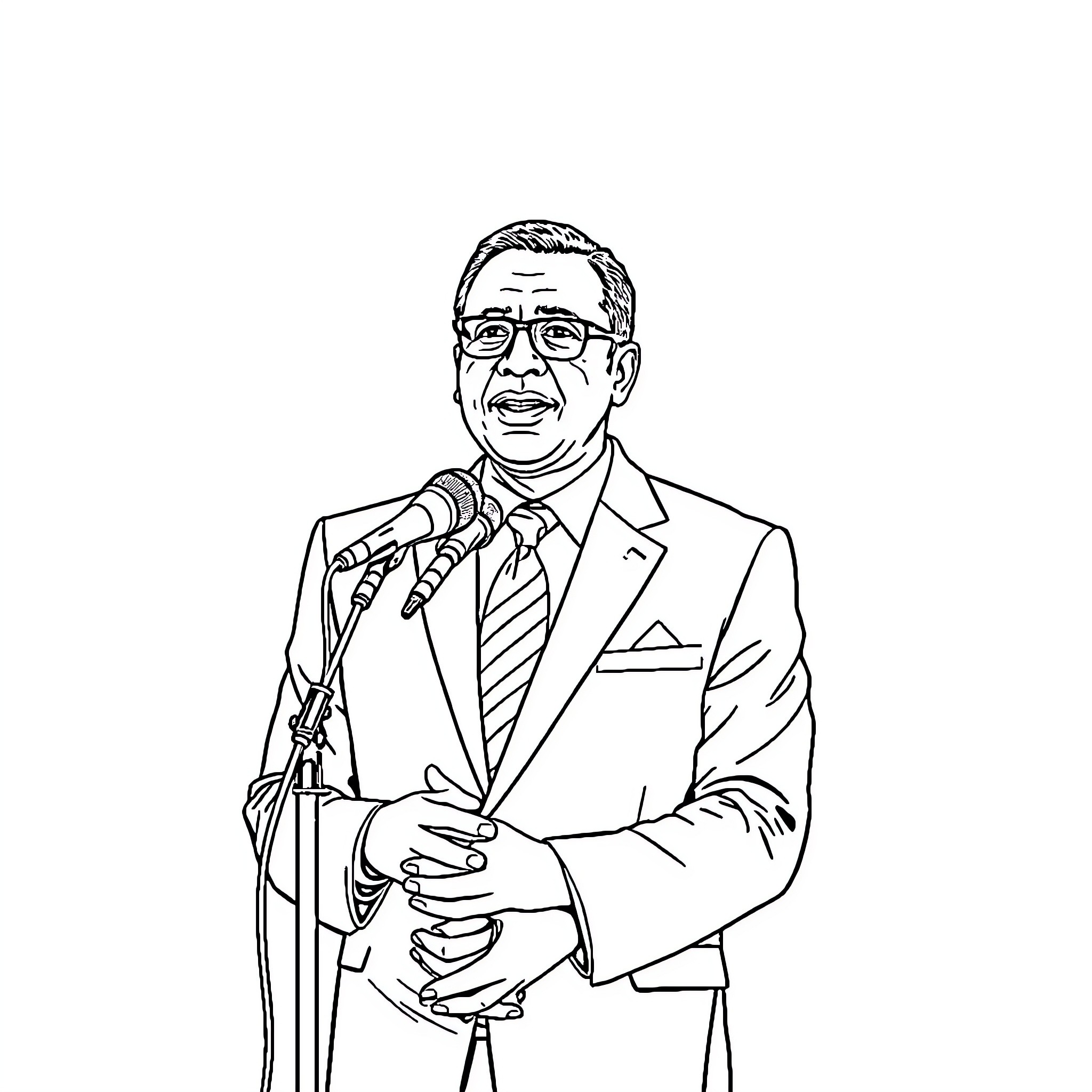 Wavel Ramkalawan delivering a speech at a podium Coloring Page (free black-and-white line drawing printable PDF for all, from beginners to advanced learners, including children, teens, adults, and seniors)