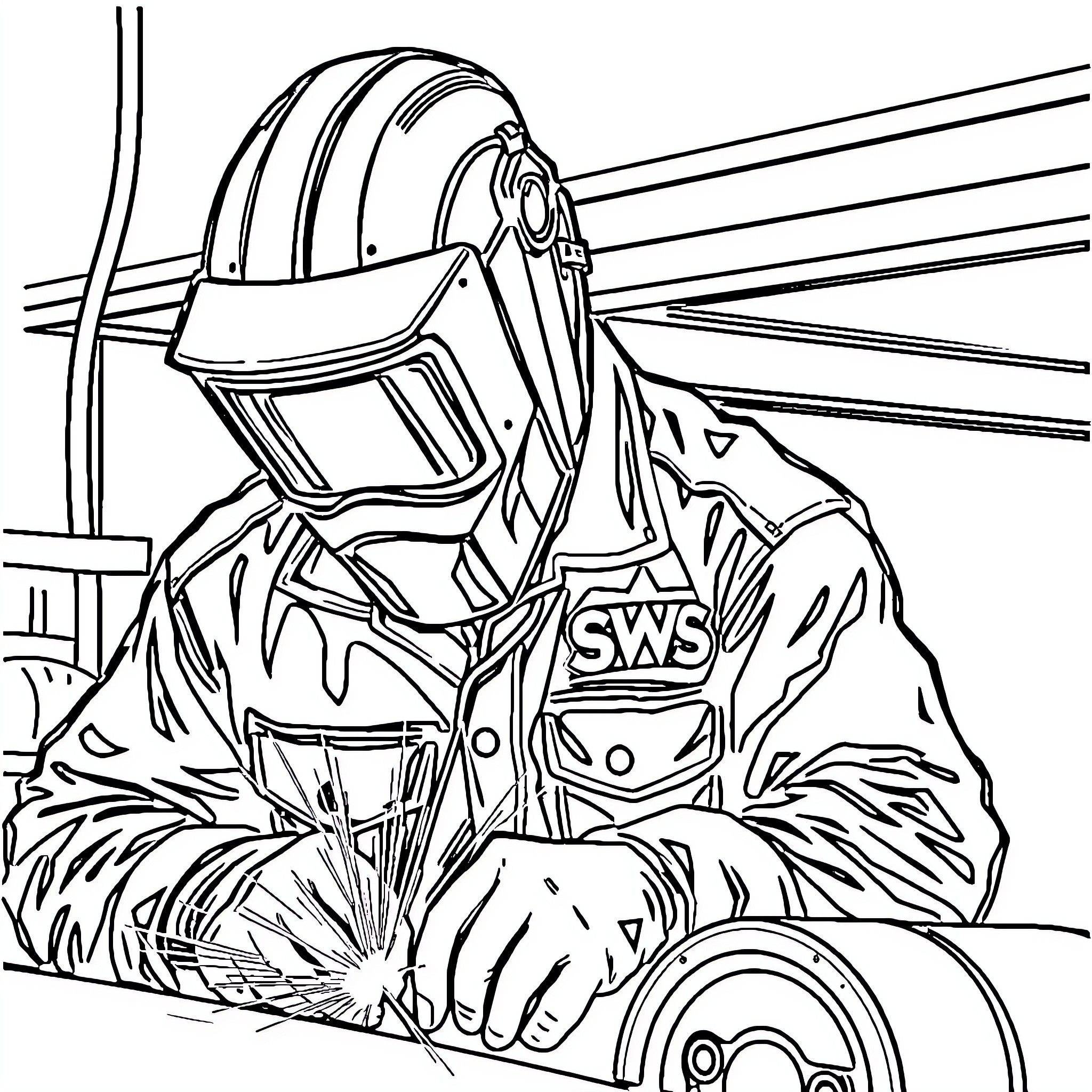 Welder working diligently in industrial setting Coloring Page (free black-and-white line drawing printable PDF for all, from beginners to advanced learners, including children, teens, adults, and seniors)
