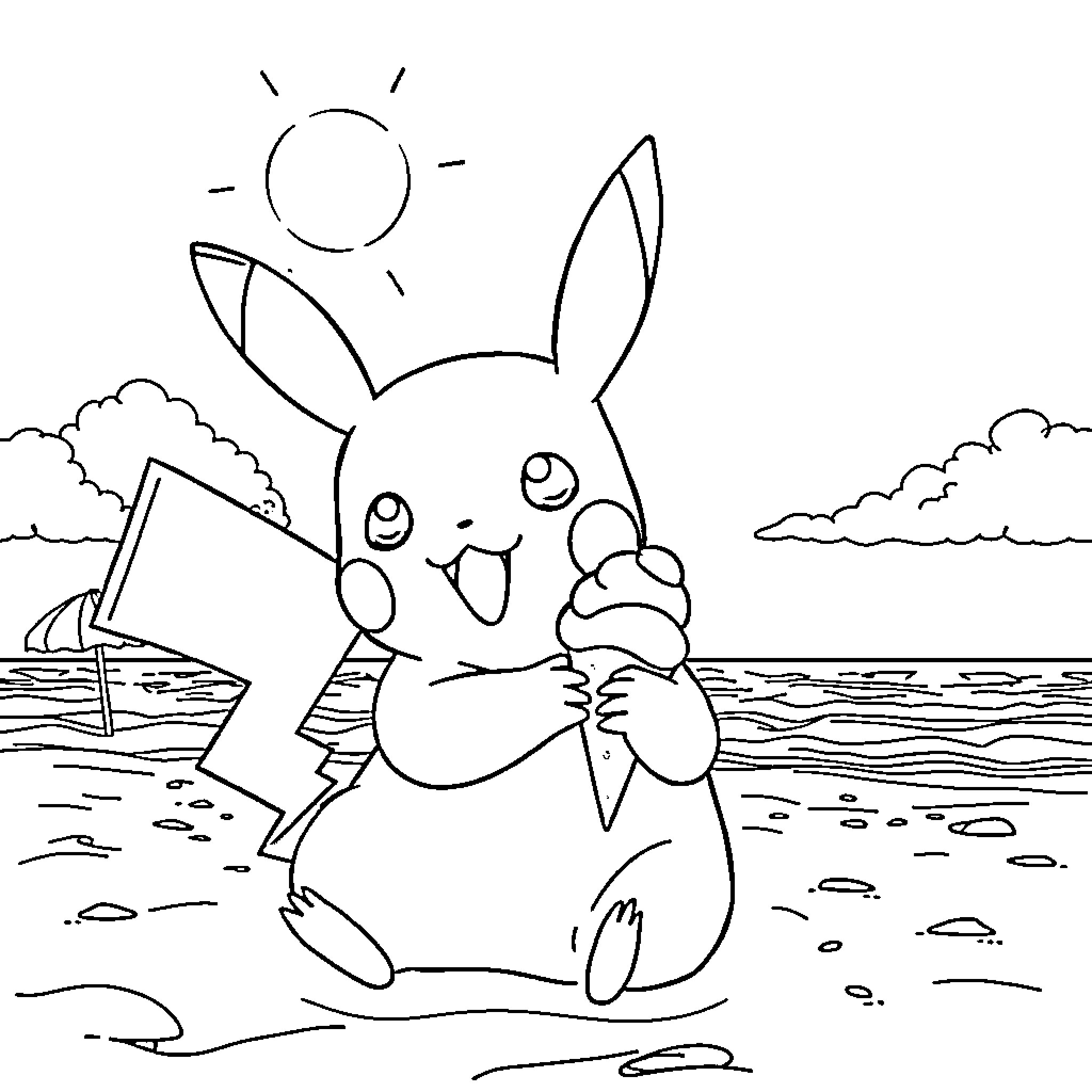 Pikachu enjoying an ice cream by the beach Coloring Page (free black-and-white line drawing printable PDF for all, from beginners to advanced learners, including children, teens, adults, and seniors)