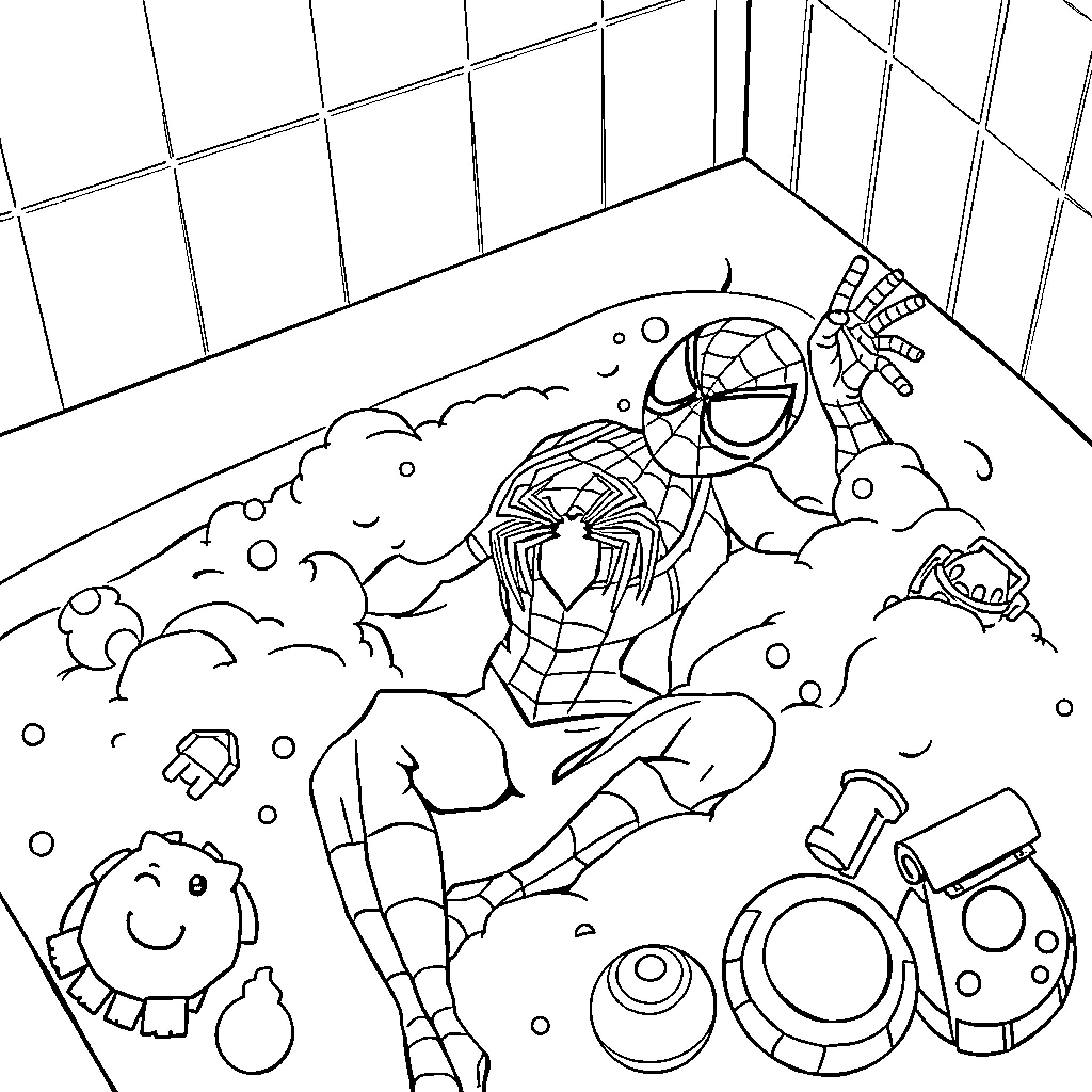 Spider-Man saving the day in a cluttered environment Coloring Page (free black-and-white line drawing printable PDF for all, from beginners to advanced learners, including children, teens, adults, and seniors)