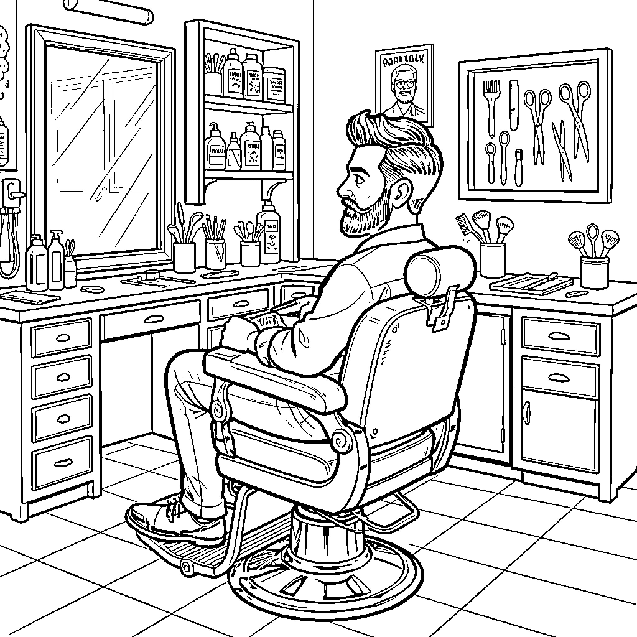 Barber at Work in Classic Barbershop Setting Coloring Page (free black-and-white line drawing printable PDF for all, from beginners to advanced learners, including children, teens, adults, and seniors)